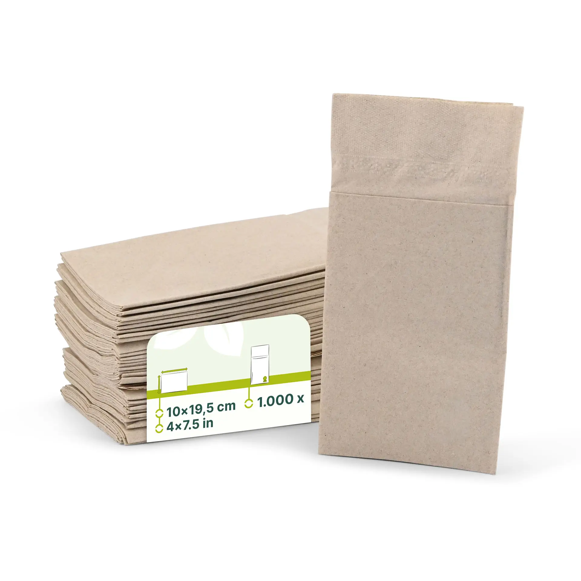 Stack of unbleached 2-ply recycled paper cutlery pouches, with one pouch upright and a label showing dimensions.