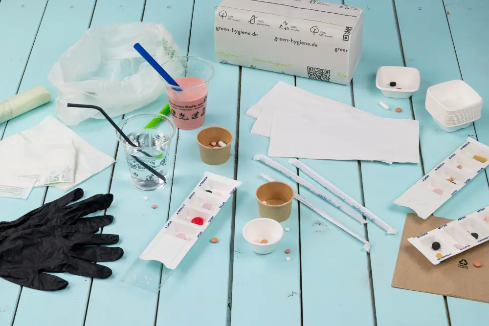 Assorted hygiene supplies on a blue wooden surface, including gloves, cups, straws, water, and packaging materials.