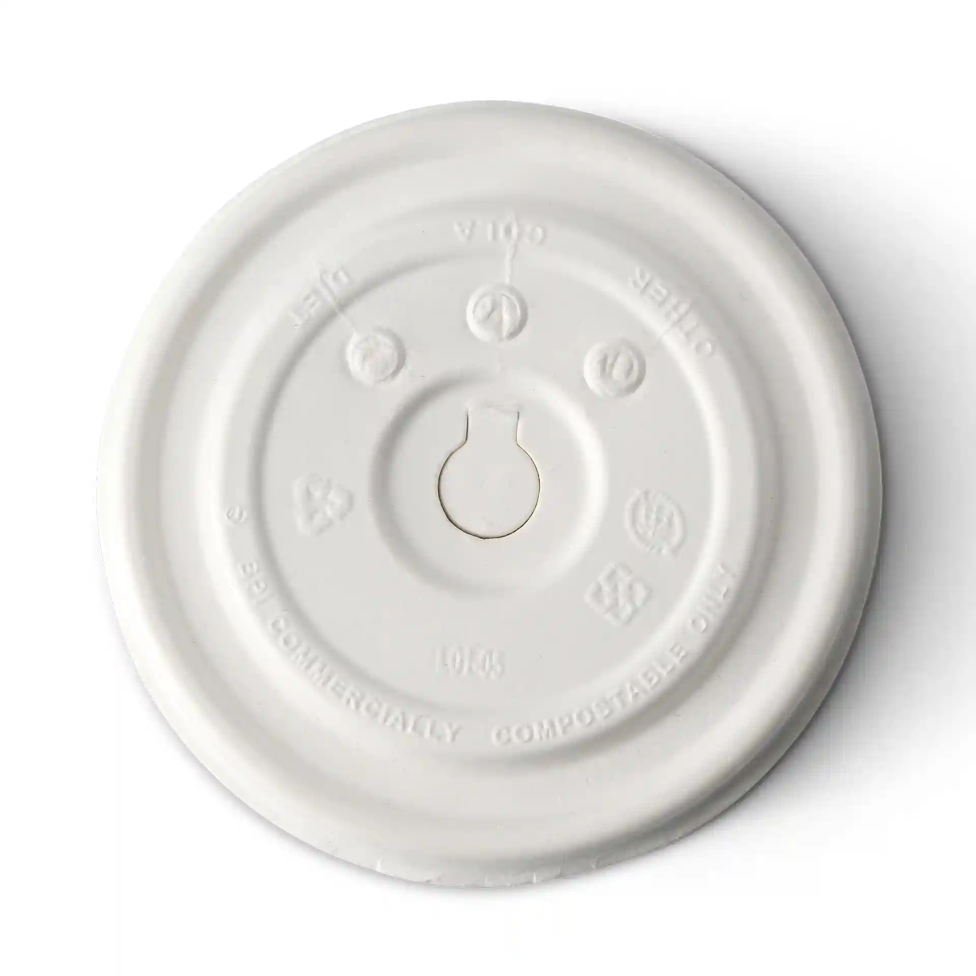 White cardboard flat lid with a straw hole, measuring 90 mm in diameter, featuring embossed markings on the surface.