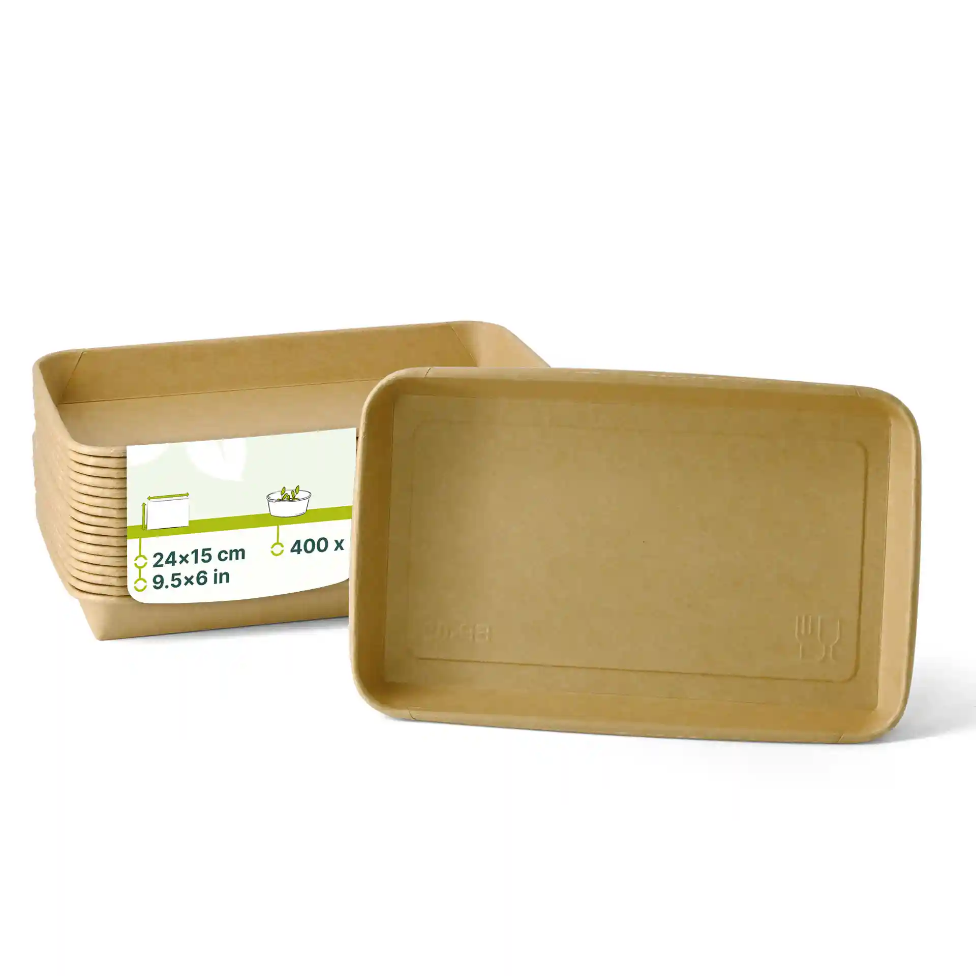 Brown sushi boxes, dimensions 24 x 15 cm, with a PE-coated surface, stacked with one box in front.