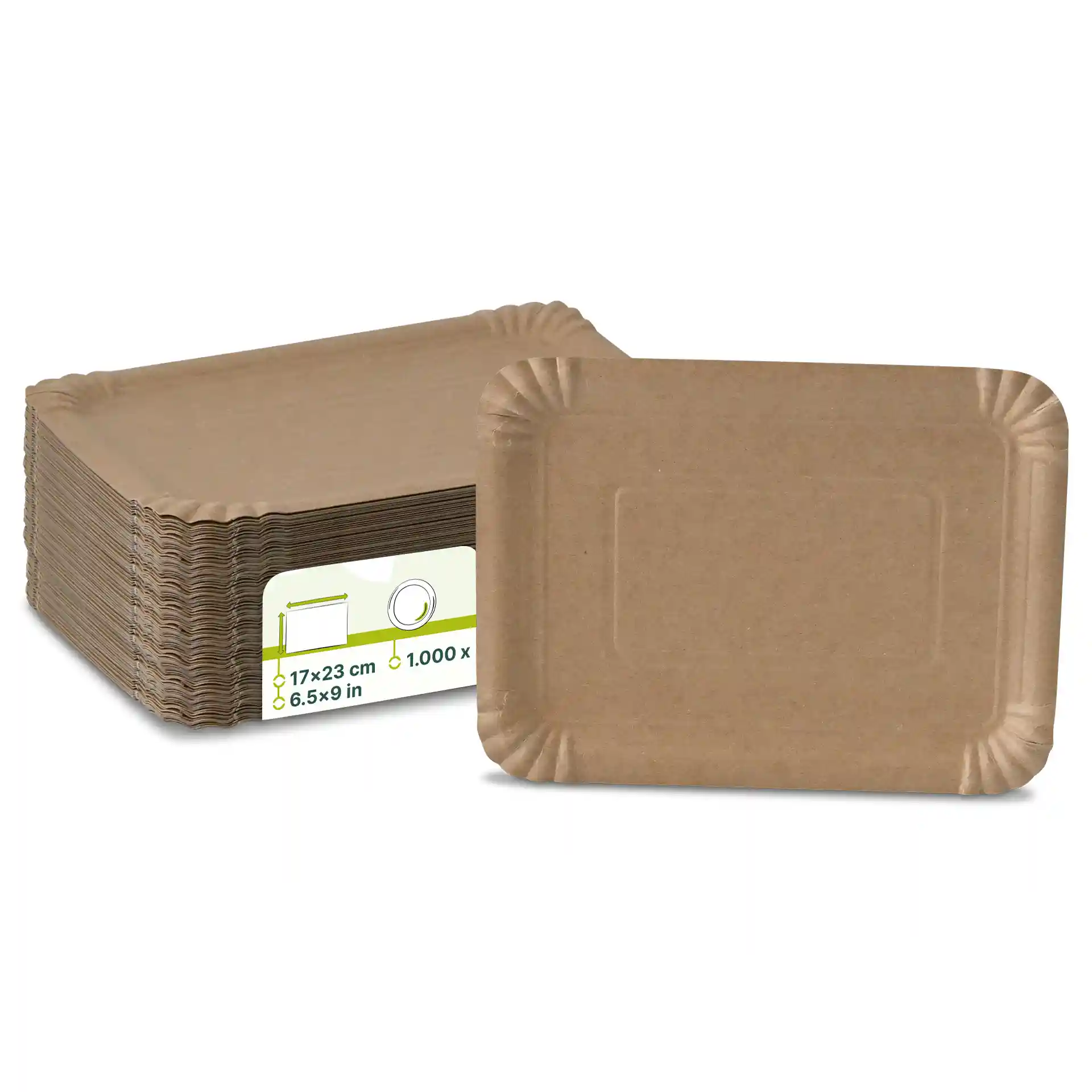 Stack of brown rectangular paper plates, measuring 17 x 23 cm, with one plate displayed in front.