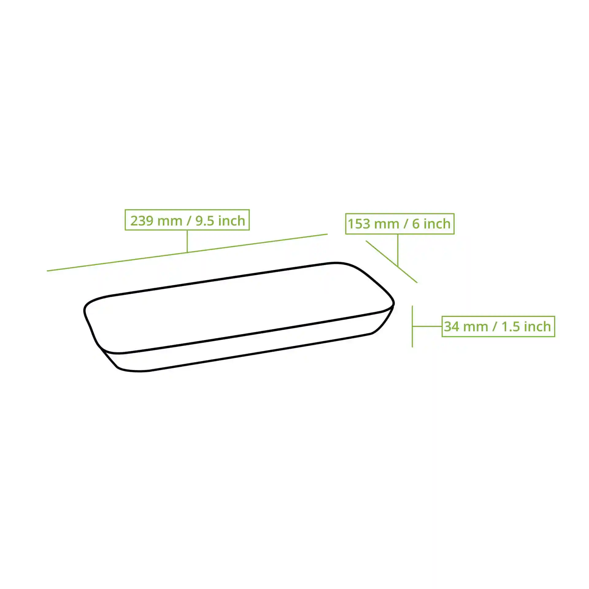 Schematic drawing of a deep rectangular palm leaf plate with dimensions 239 mm by 153 mm and height 34 mm.