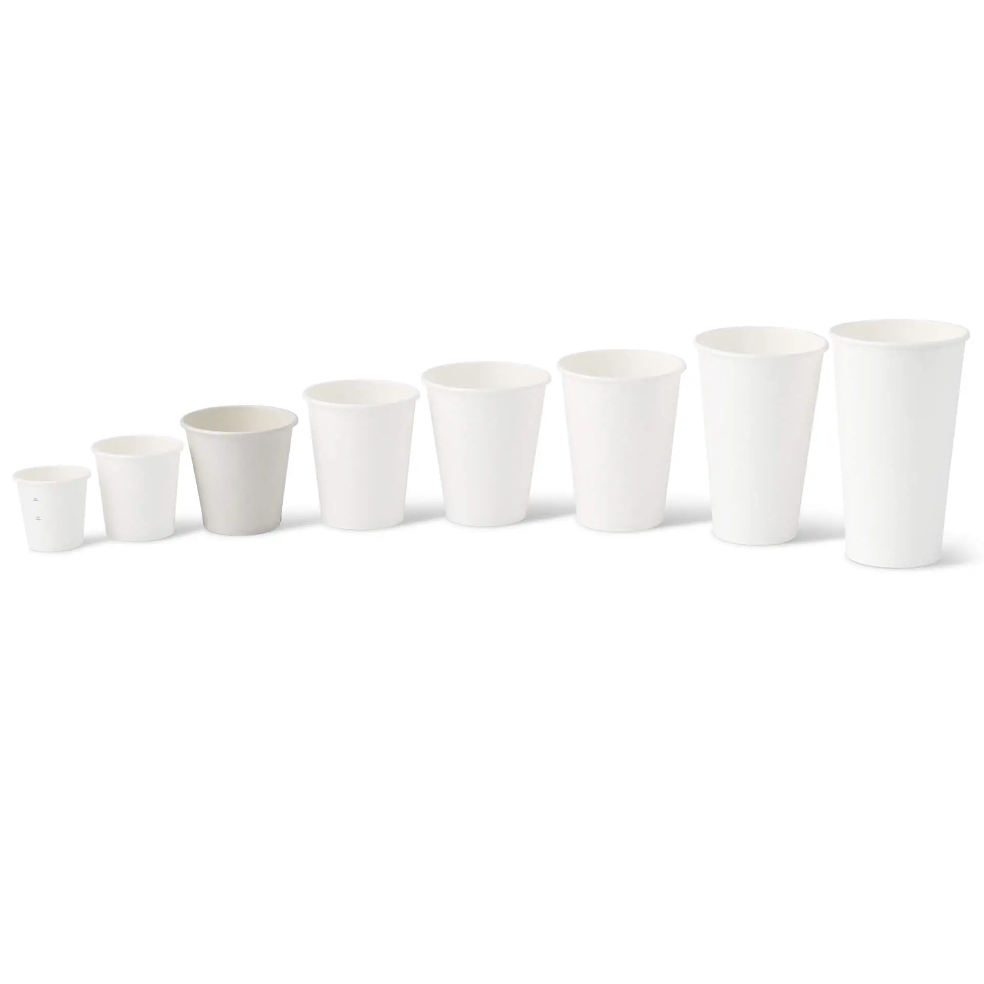 One white paper cup in focus; several other white cups shown in varying sizes behind it.