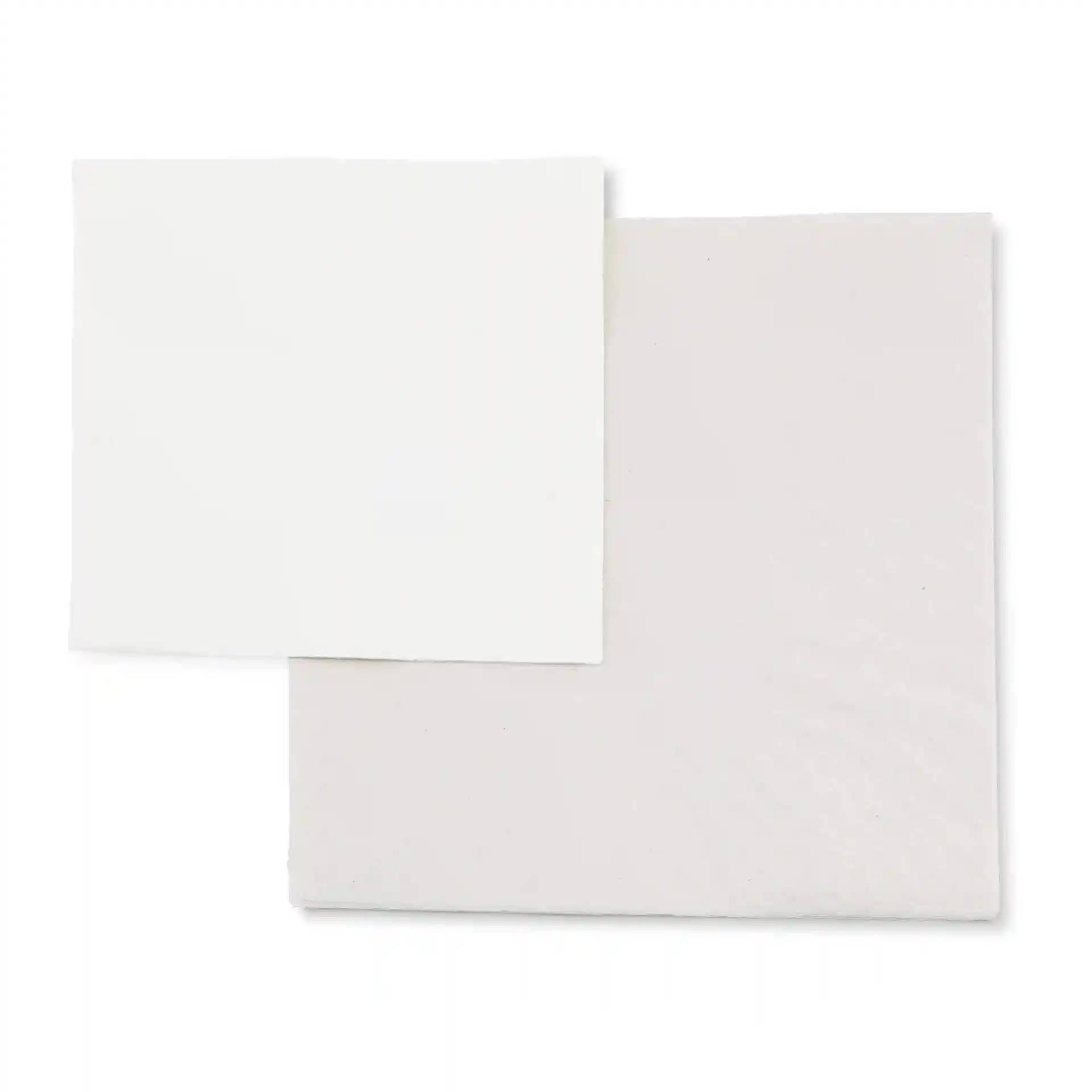Two square white recycled paper napkins, 33 x 33 cm, with a recycling symbol and text printed on each.