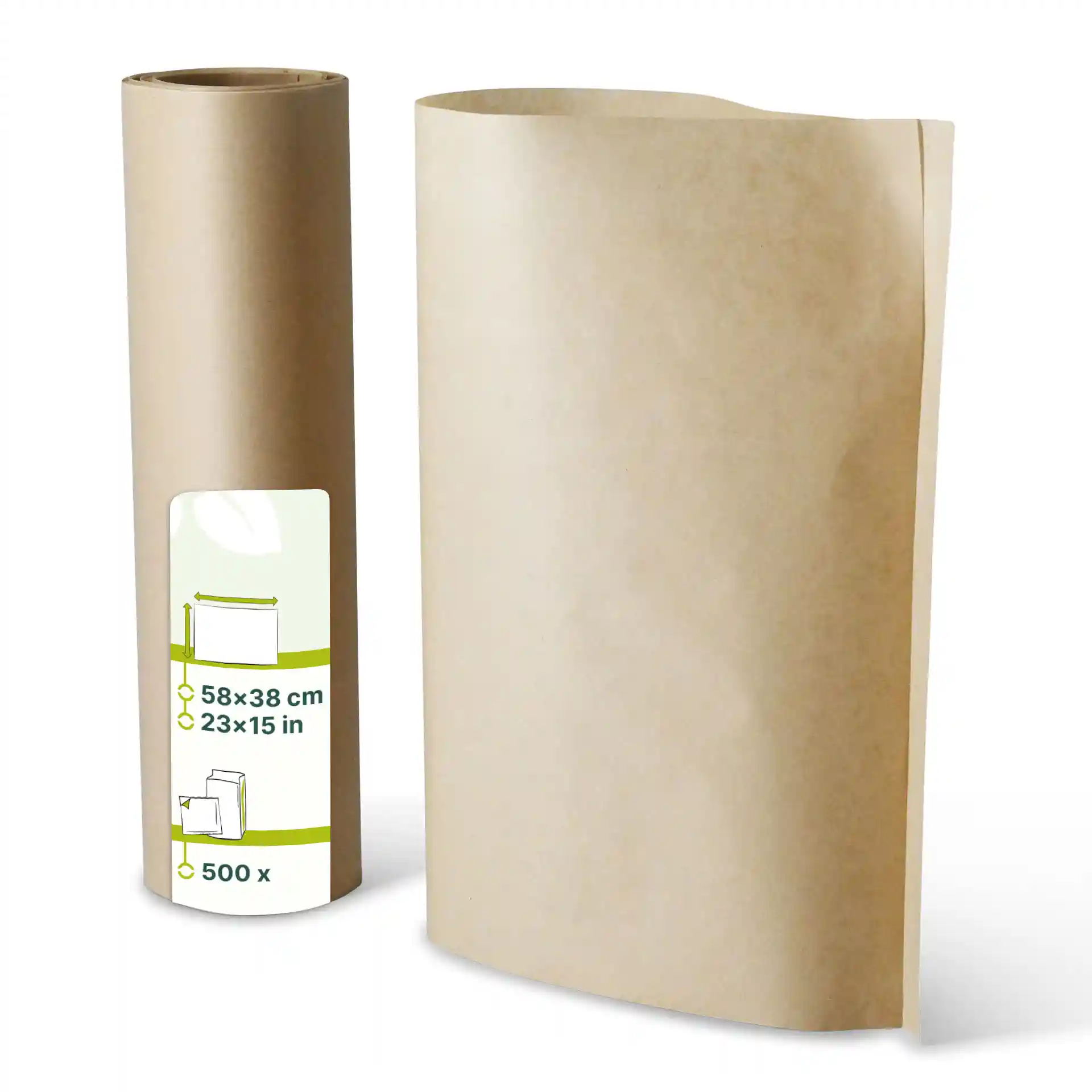 Brown kraft wrapping paper sheets, rolled, measuring 58 x 38 cm, with a label showing dimensions and quantity.