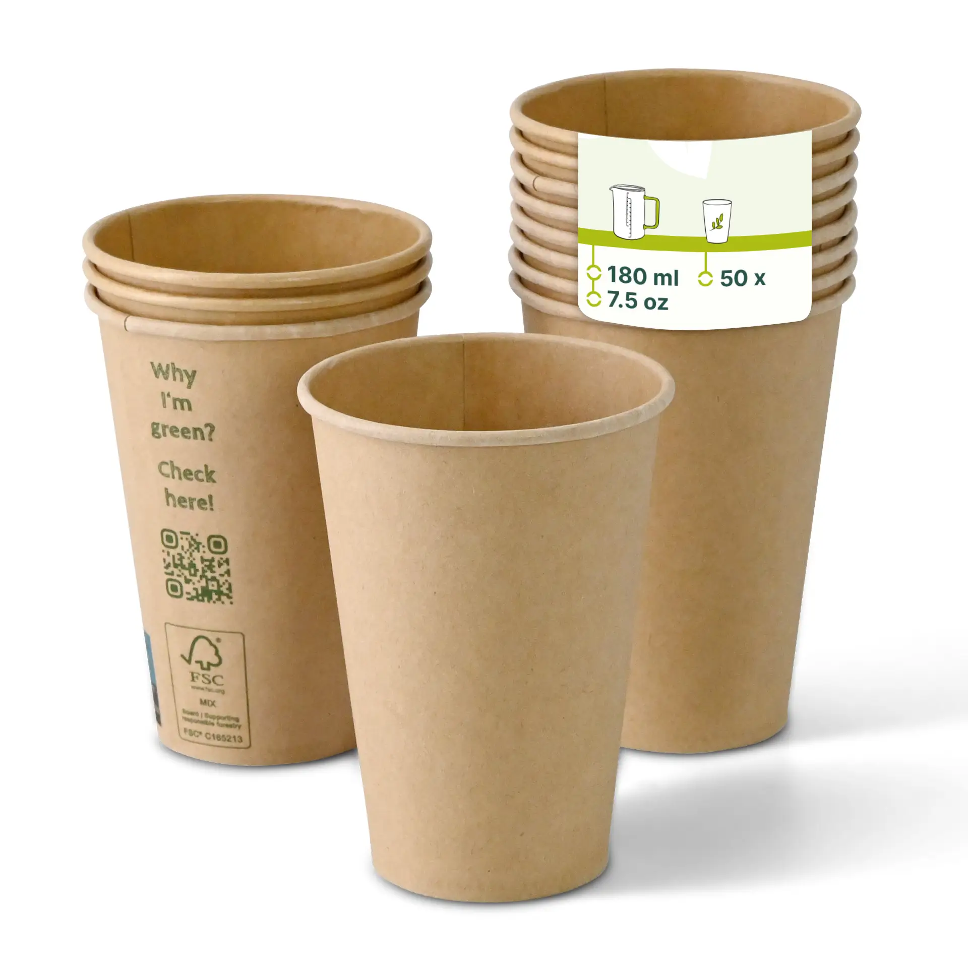 One brown cardboard vending cup (180 ml / 7.5 oz) with a transparent label; several similar cups shown behind it.