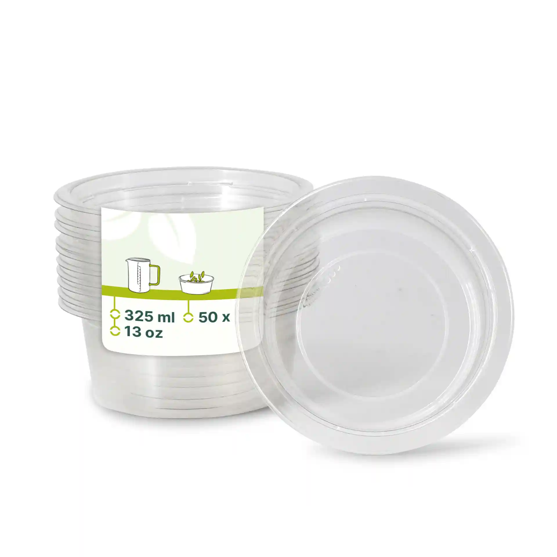Transparent round rPET deli pots, 325 ml volume, with a height of 60 mm and diameter of 123 mm, stacked in a group.