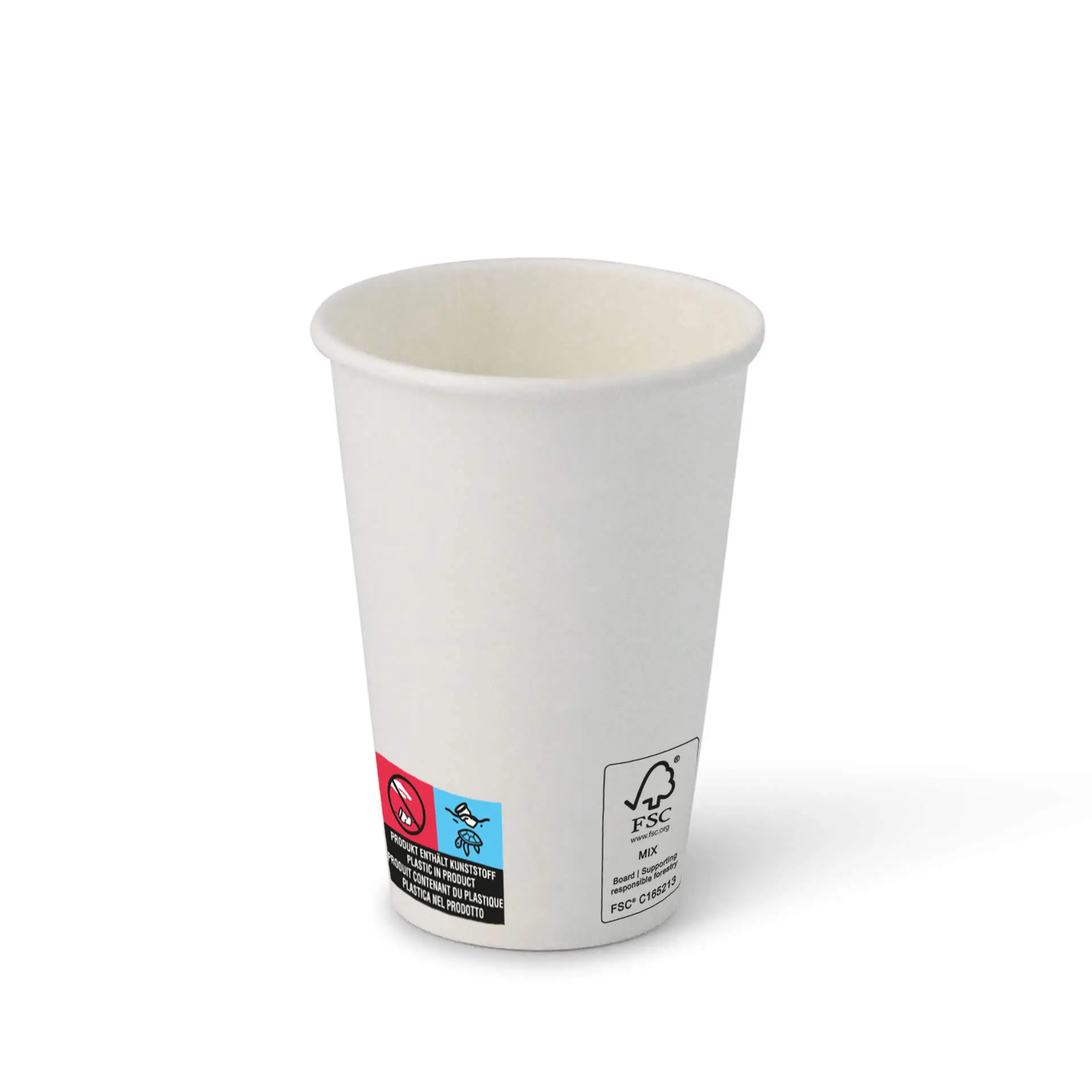 White paper cup with a round shape, showing a label with symbols and markings on the side.