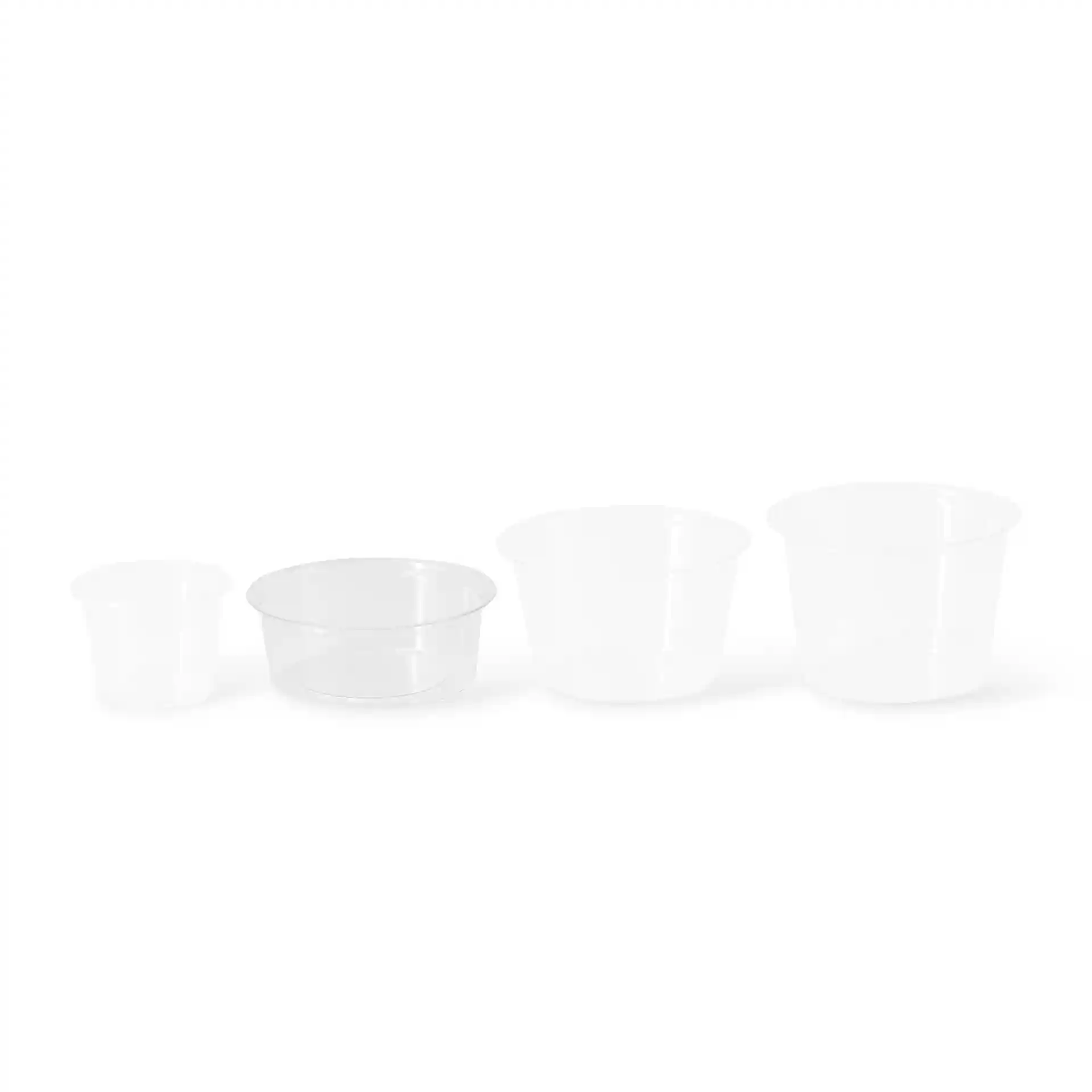 Set of four transparent PLA portion cups in varying sizes, with the largest measuring 70 mm in diameter.