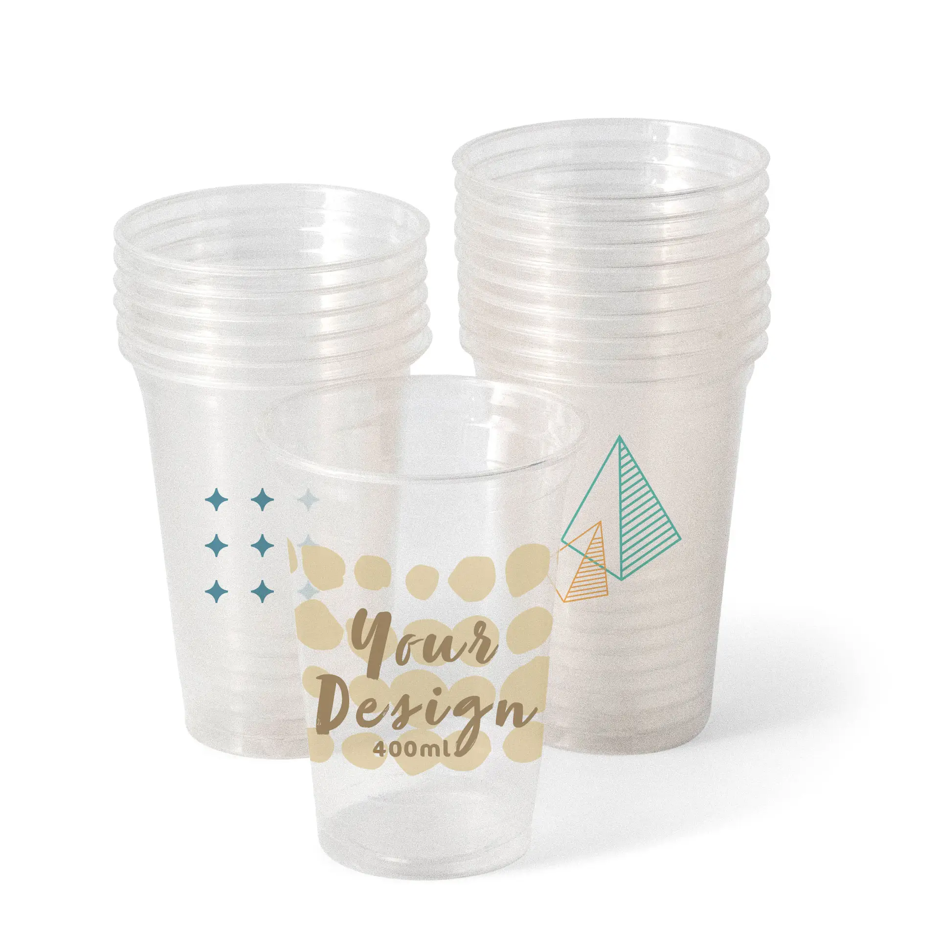 One clear PLA cup with custom designs; several similar cups stacked behind, suitable for cold drinks.