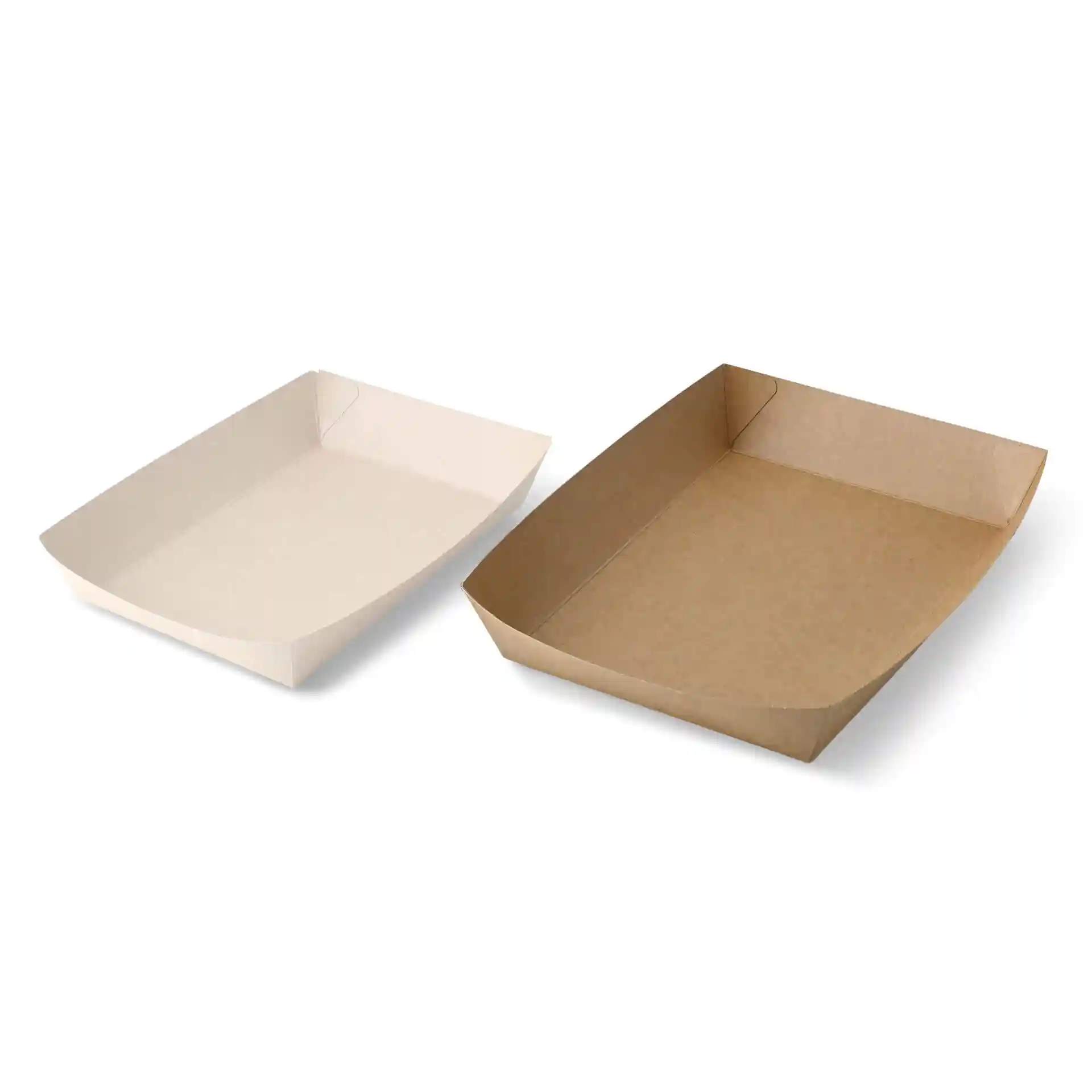 Two rectangular cardboard trays, one brown and one white, both with curved edges and no visible markings.