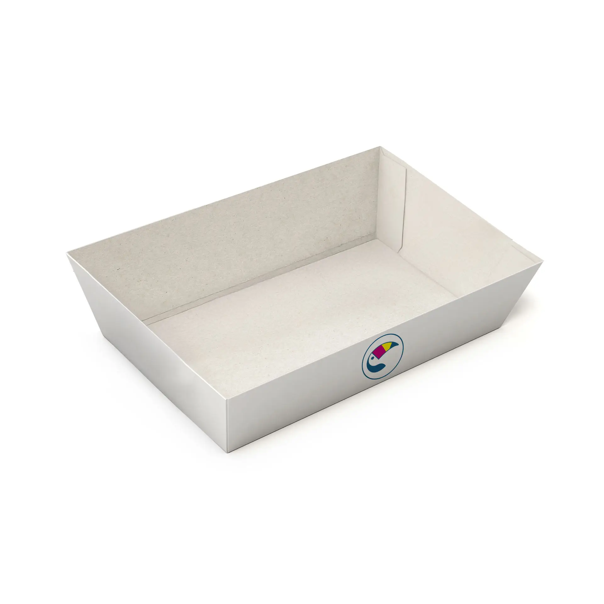 White rectangular snack tray with a logo print, designed for food service, made from recyclable material.
