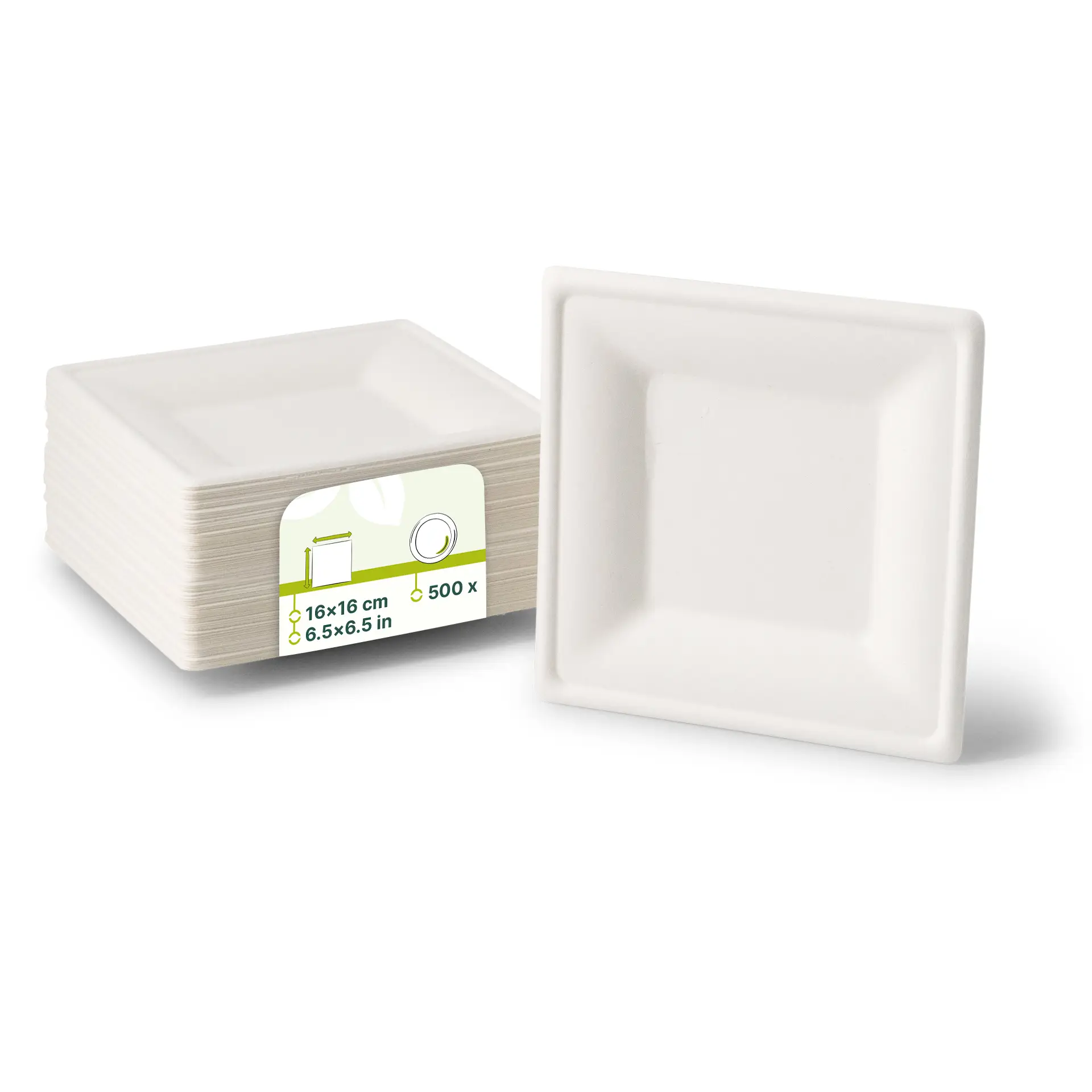 Square biodegradable sugarcane plate, dimensions 16 x 16 cm, stacked with a label indicating quantity and size.
