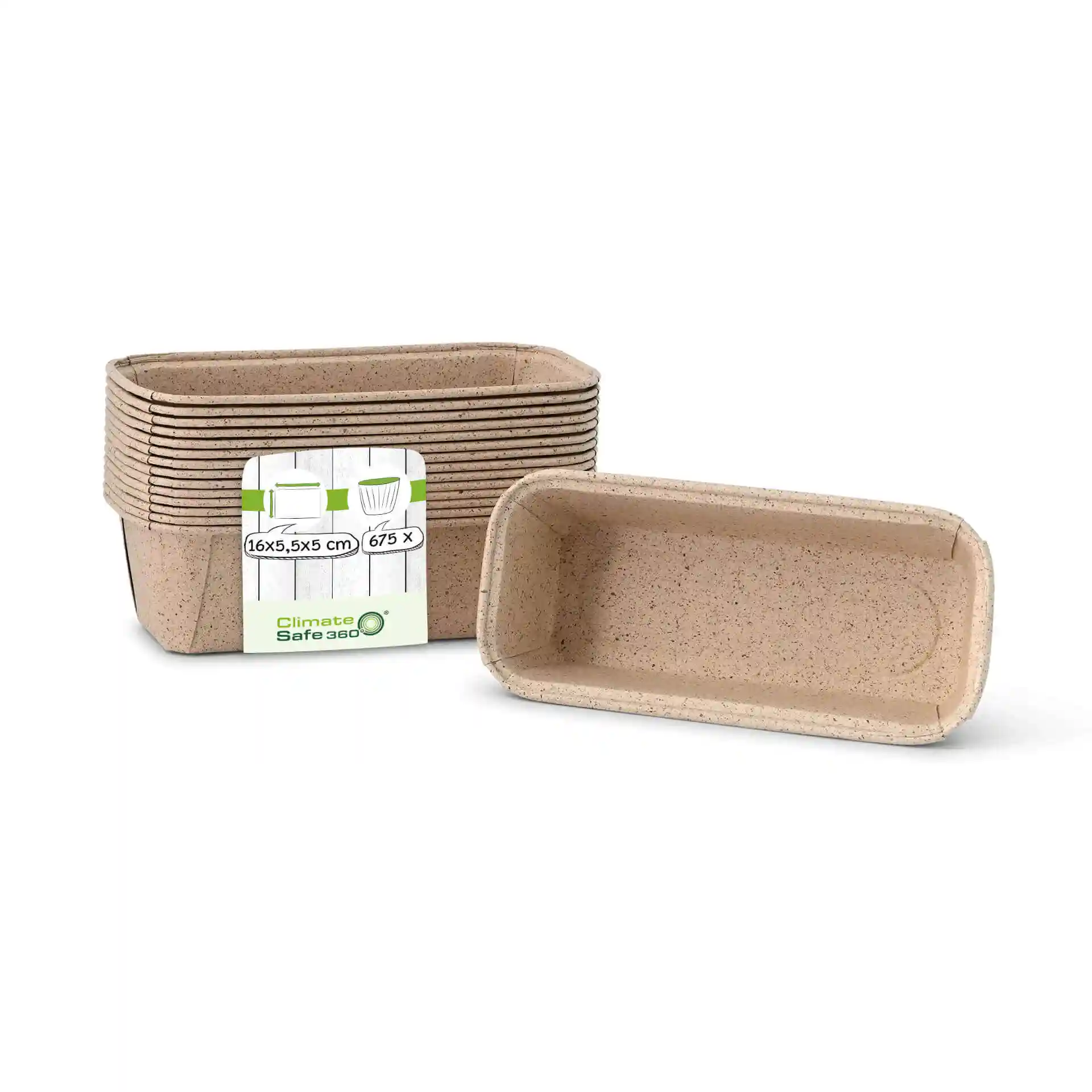 Rectangular baking moulds made from brown cocoa paper, measuring 16 × 5.5 × 5 cm, with several stacked behind.