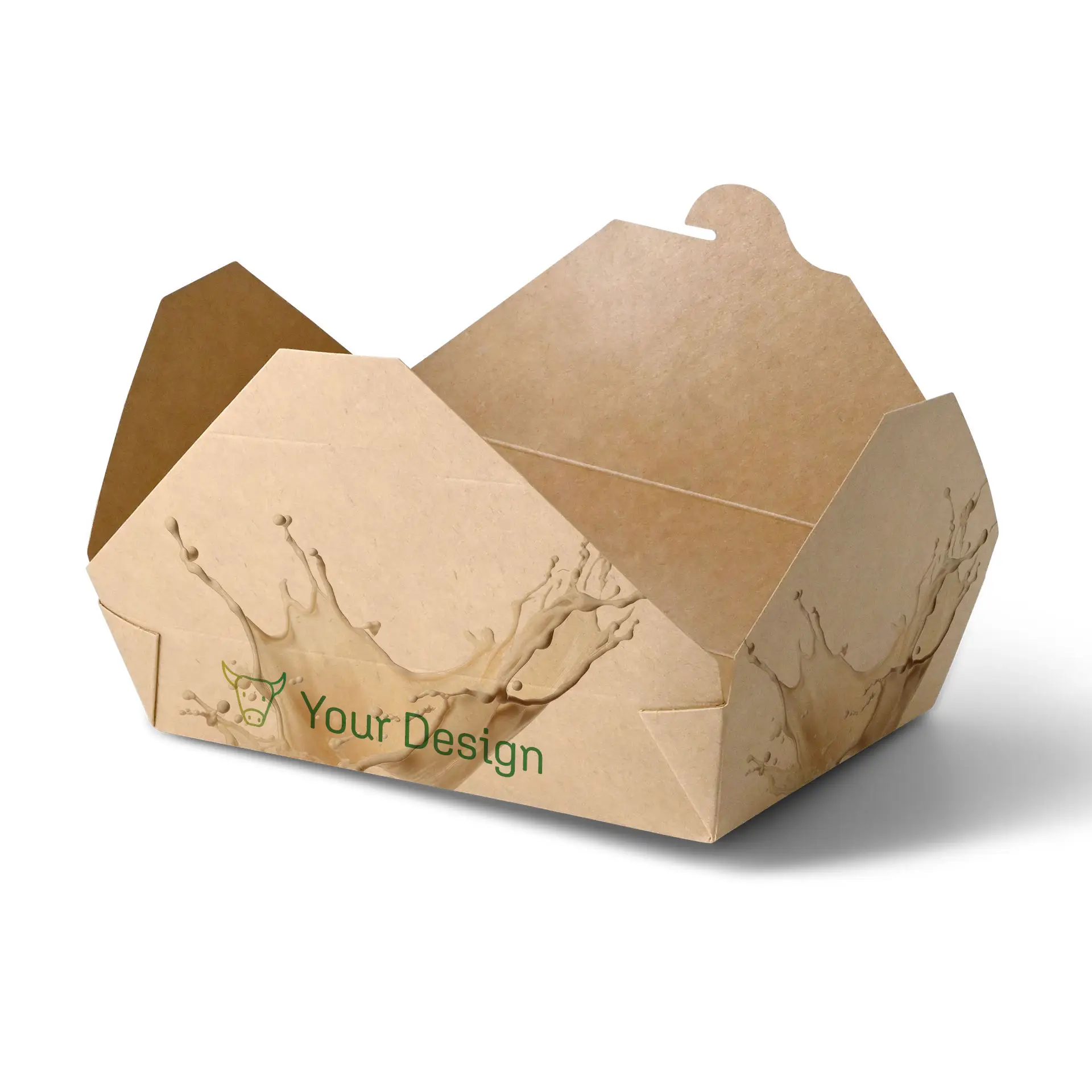 Custom printed takeaway box in brown cardboard with a splash design; suitable for hot, saucy, and greasy dishes.