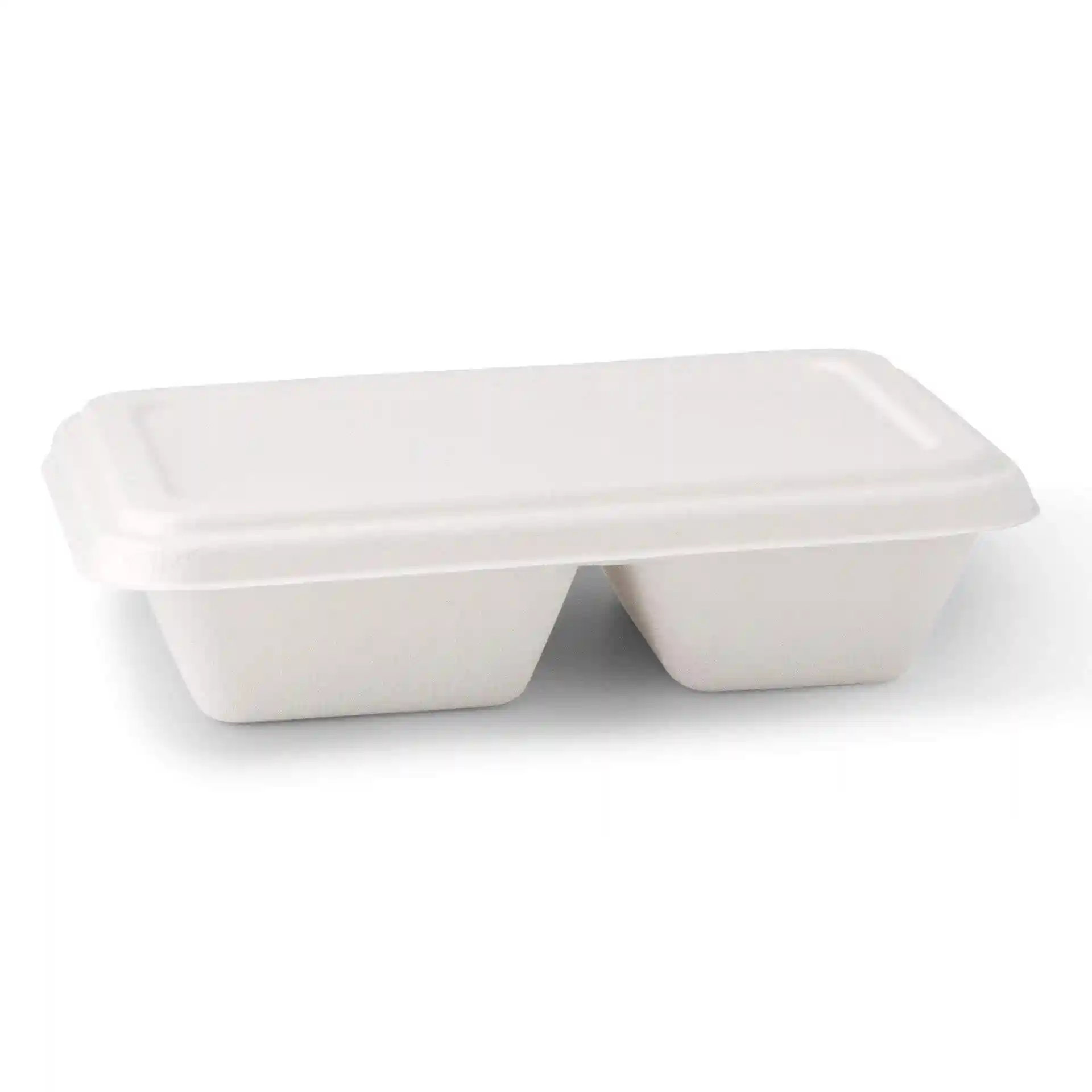 White rectangular sugarcane tray with two compartments, measuring 23 x 14.5 x 5 cm.
