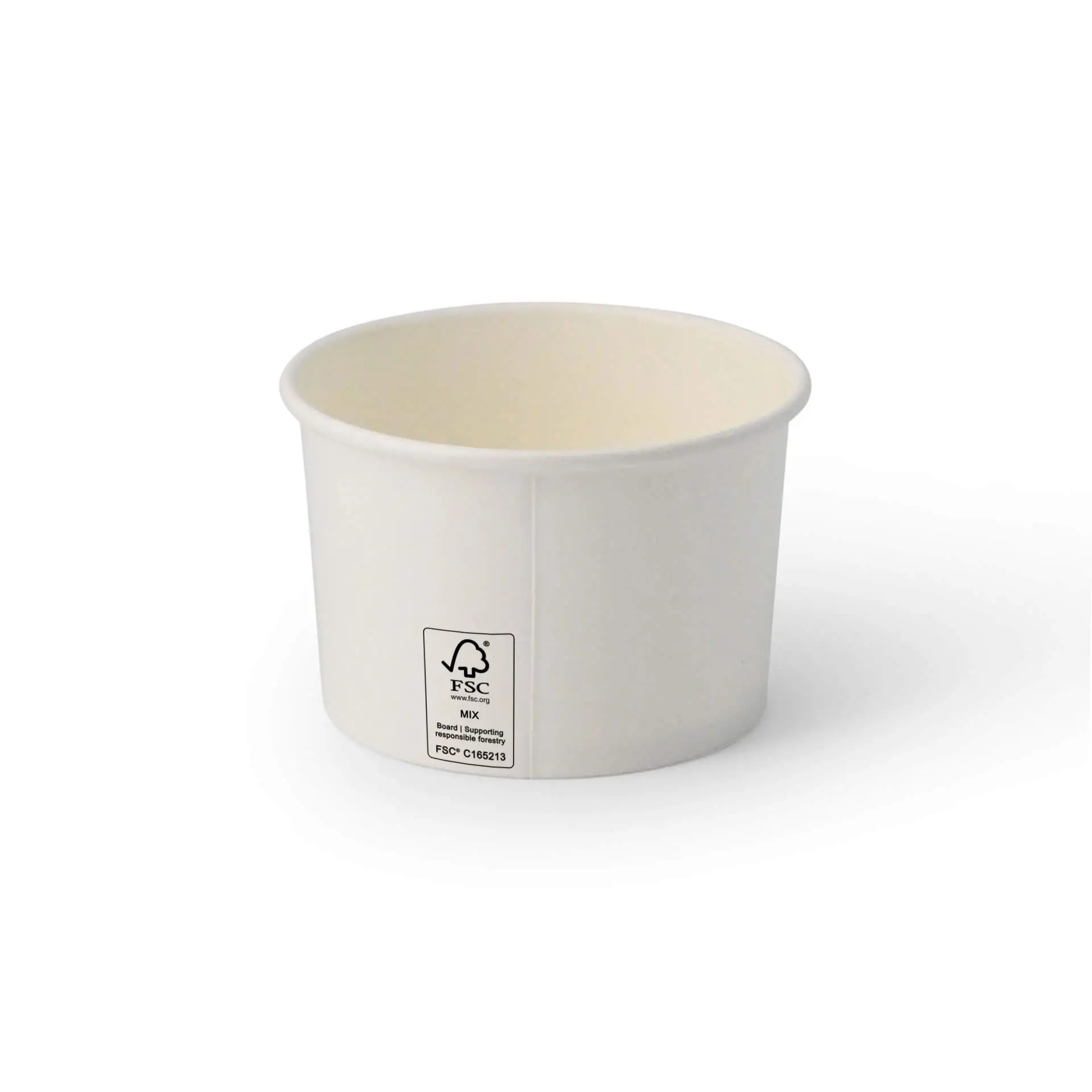 Ice cream cup in white, PE-coated, 8 oz capacity with a diameter of 92 mm; features an FSC label on the side.