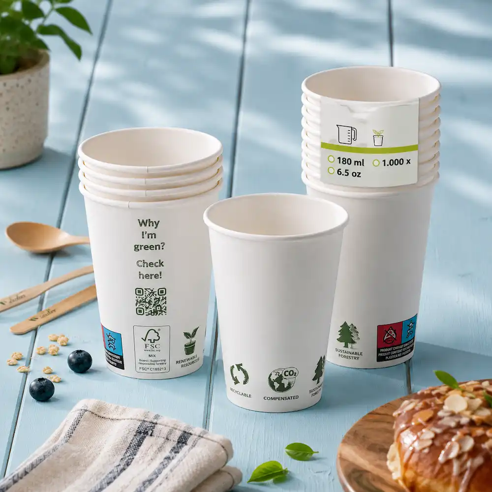 White disposable cups stacked with a visible label including a QR code, text, and sustainability symbols.