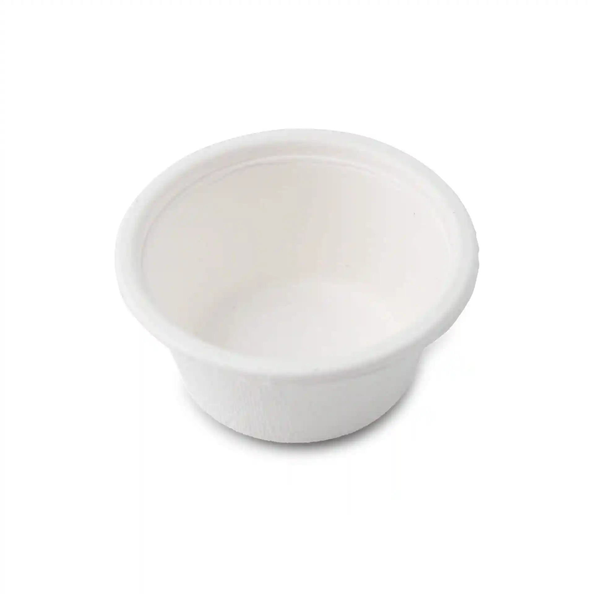 White round bagasse cup with a diameter of 62 mm and a height of 30 mm, suitable for 50 ml capacity.