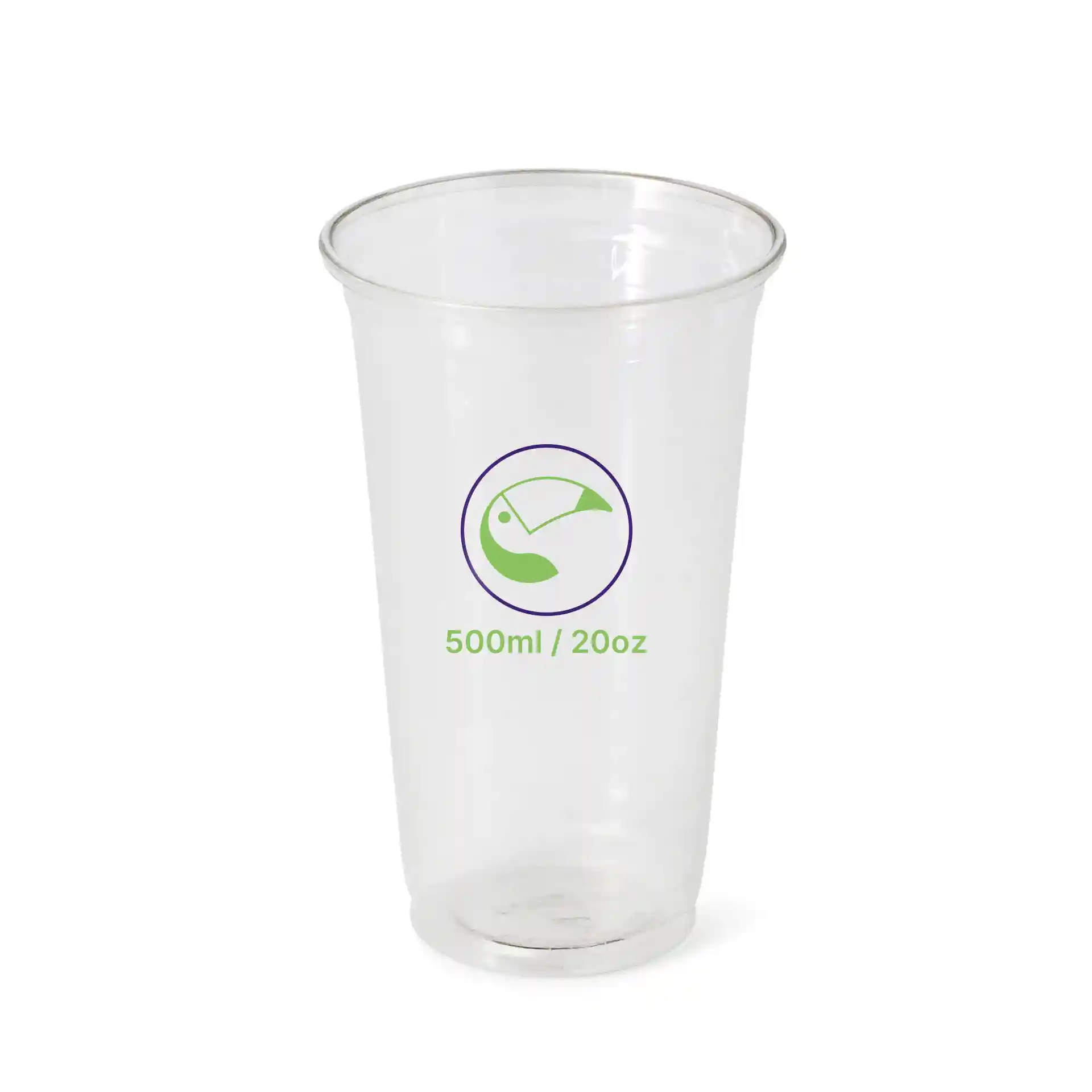 Clear 20 oz rPET cup with a printed green and purple symbol, indicating a volume of 500 ml / 20 oz.