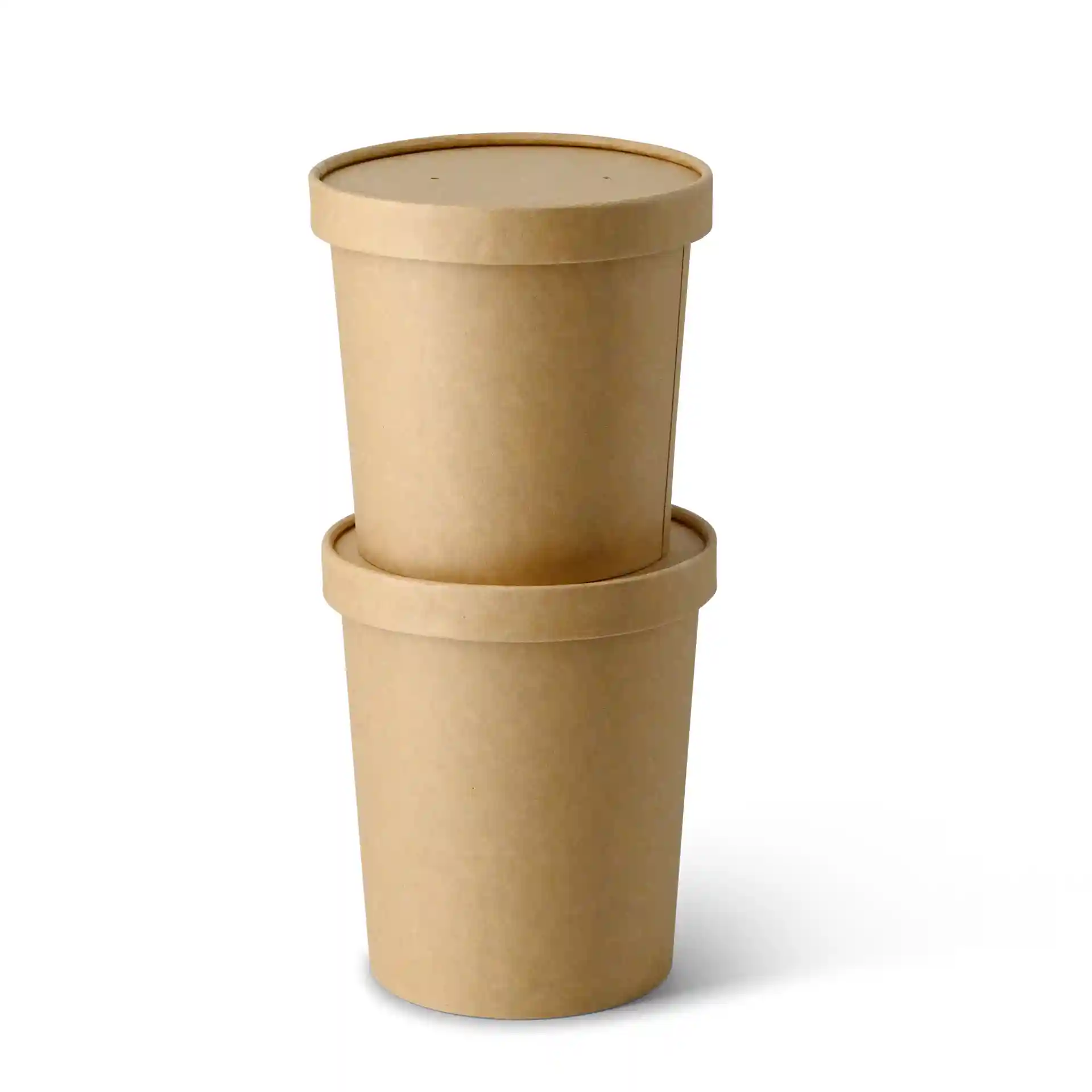 Two stacked brown cardboard soup cups with lids, each with a round shape and a capacity of 600 ml.