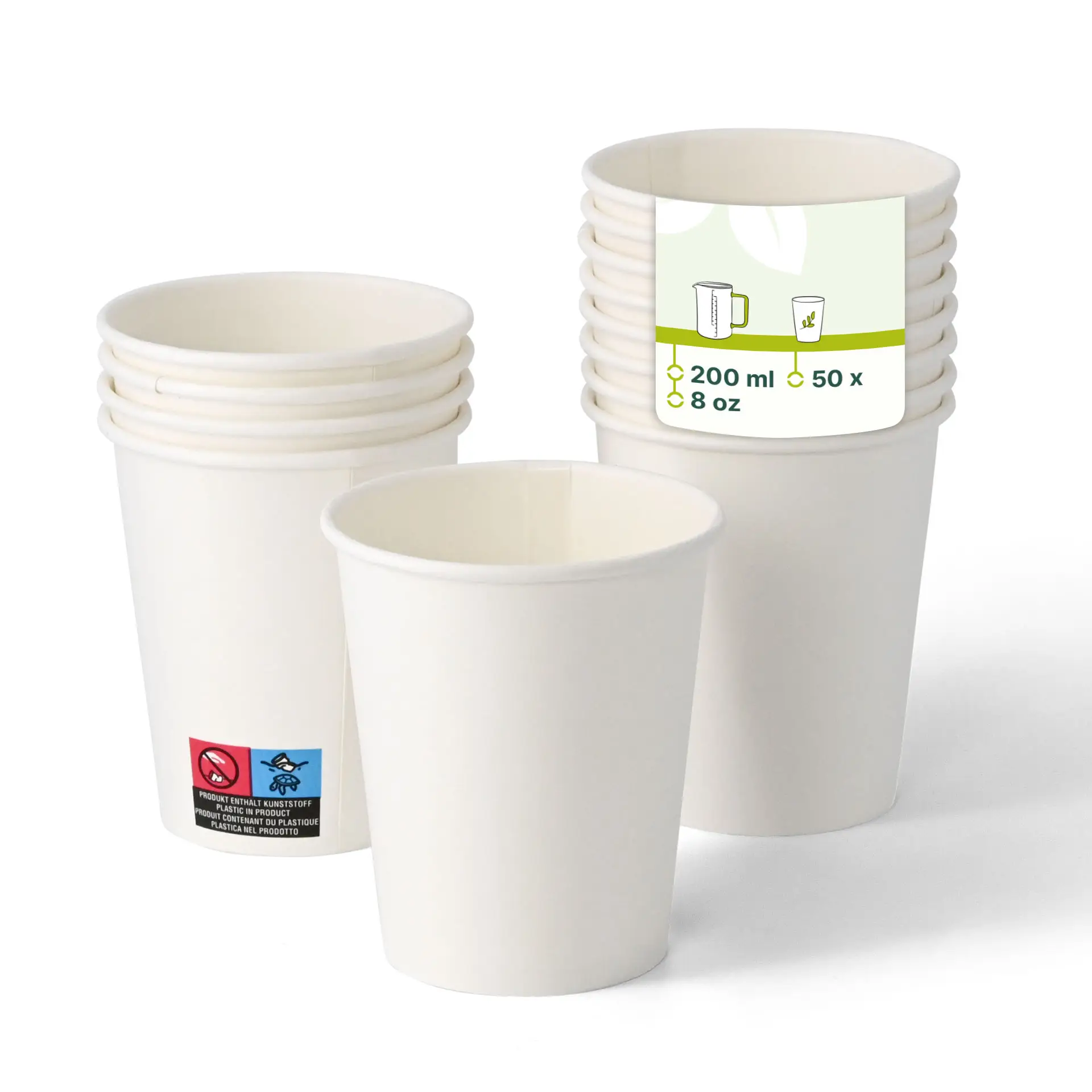 White single wall paper cups stacked, with one cup in front showing a plain design and a label with product details.