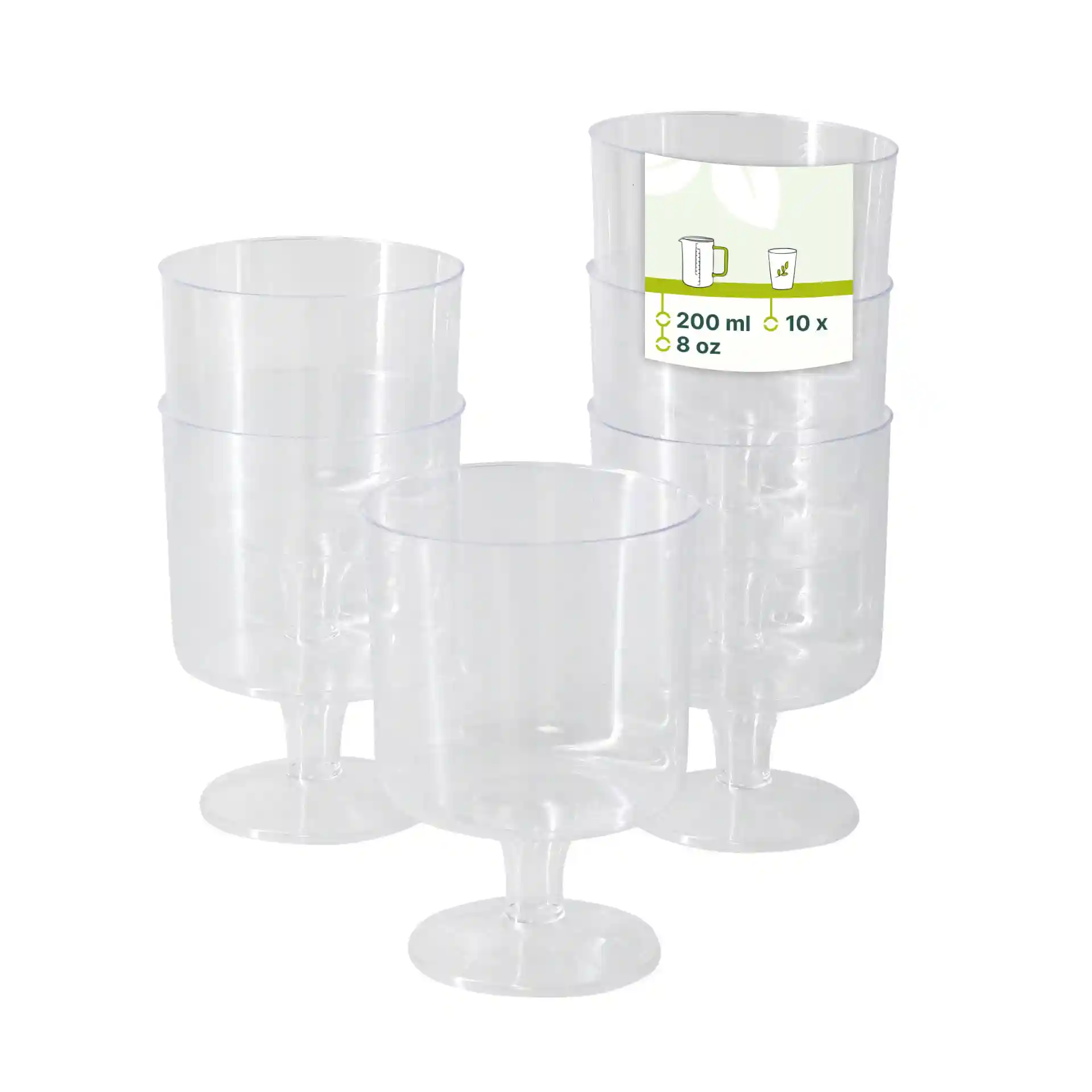Transparent reusable wine glasses stacked together, each with a capacity of 200 ml.