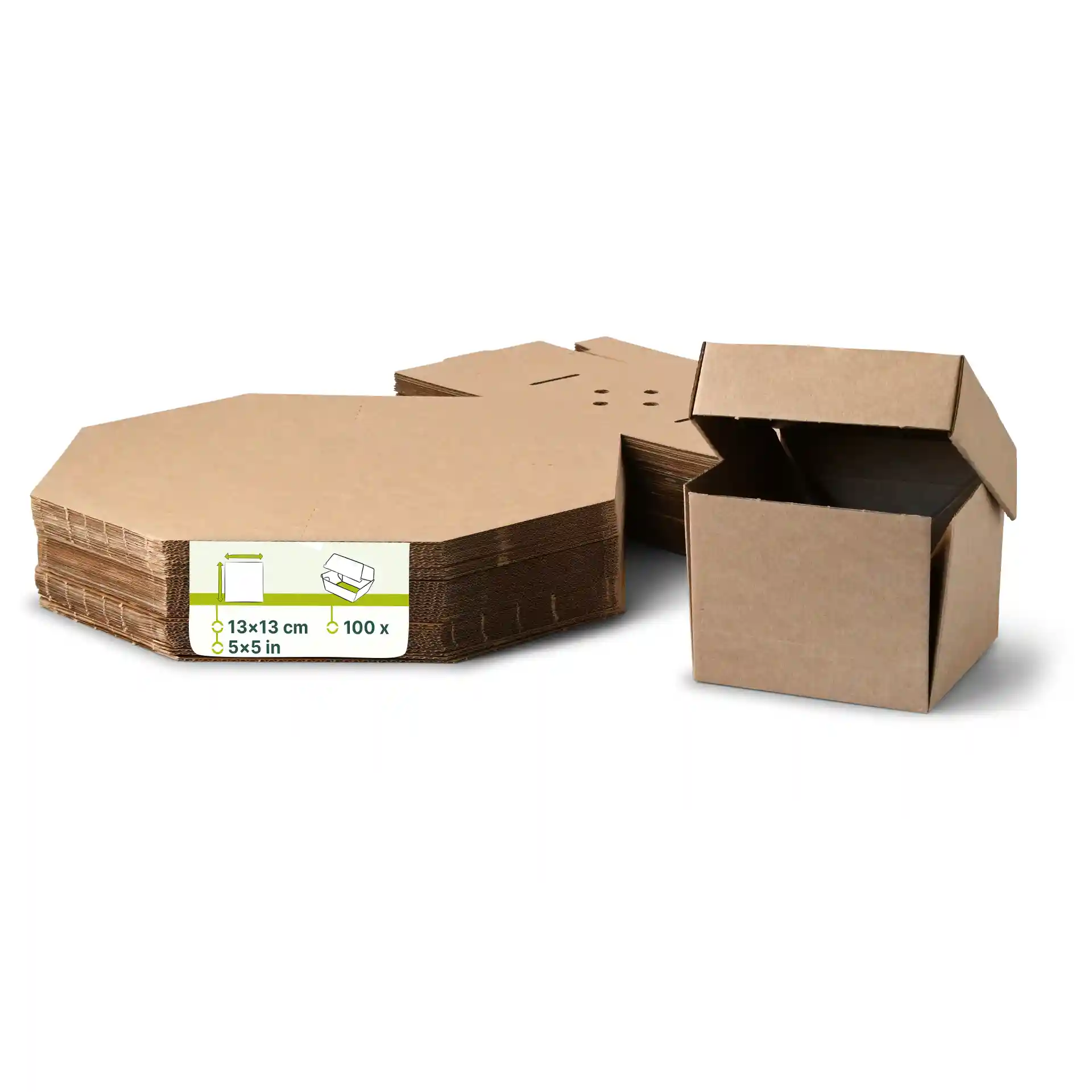 Brown cardboard burger box with a square shape, measuring 13 x 13 x 10 cm, alongside folded flat boxes.