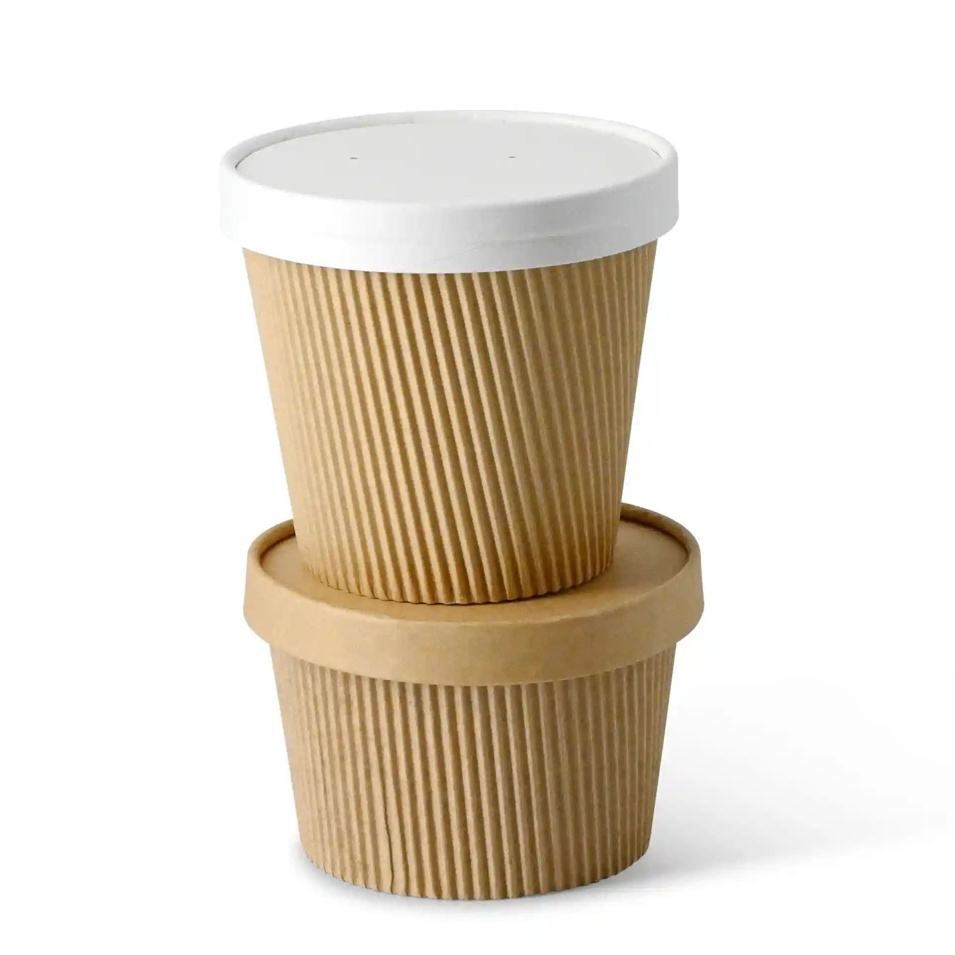 Stacked ribbed soup cups in brown cardboard with a white lid on top, showing the round shape and eco-friendly coating.