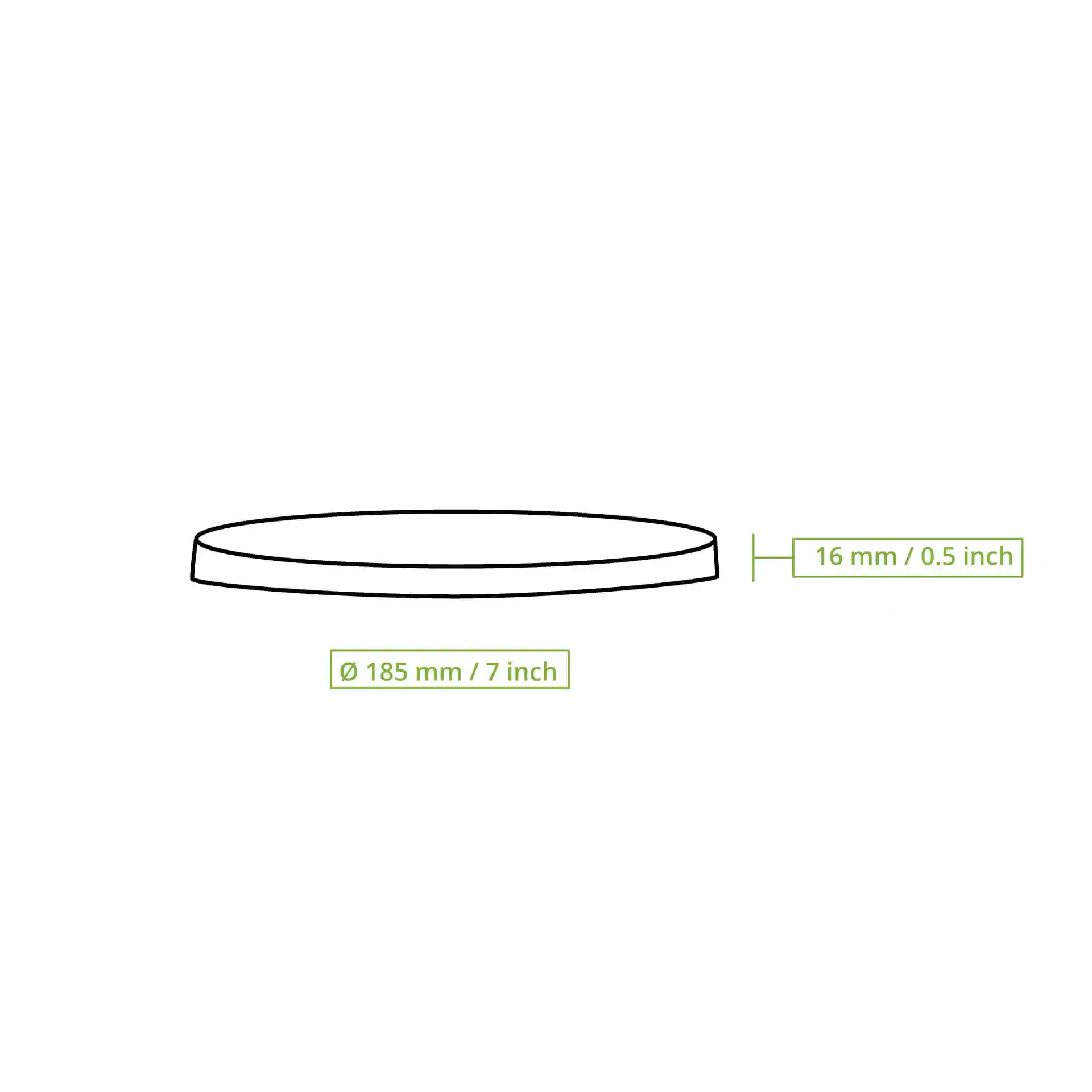 Schematic drawing of a round lid with a diameter of 185 mm and a height of 16 mm.