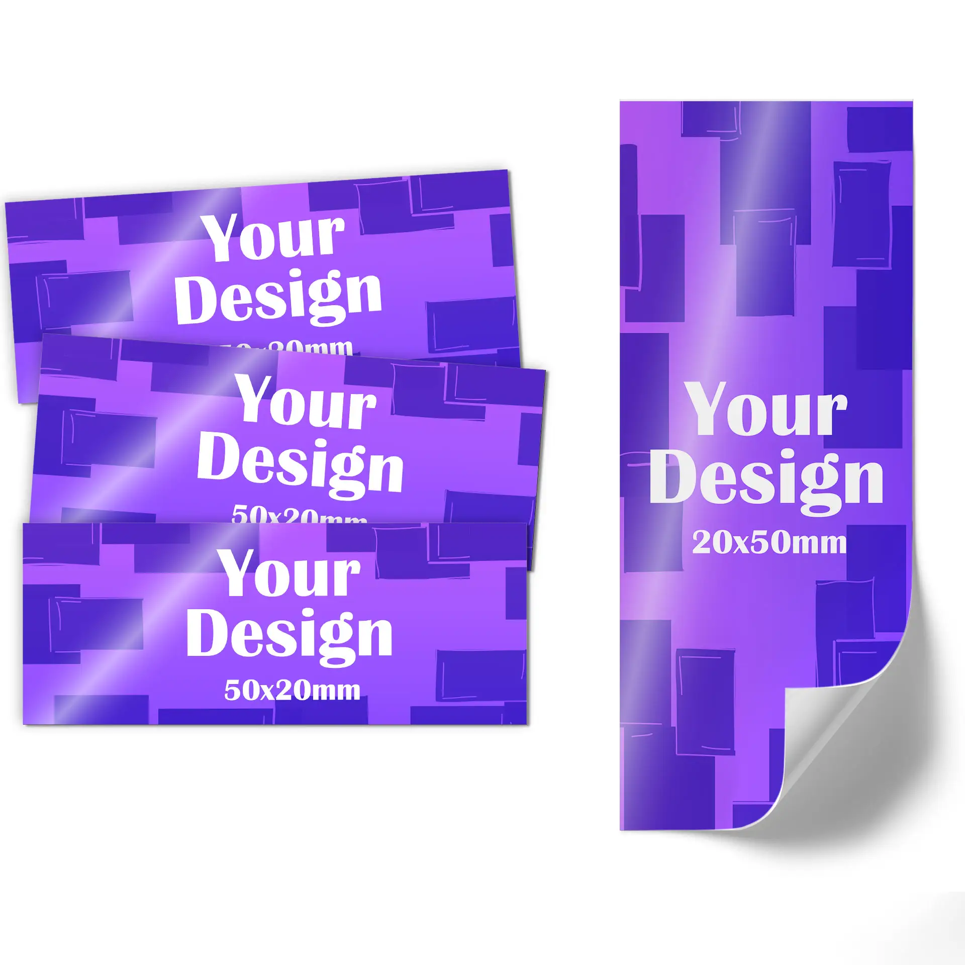 One purple label with a gauge icon and dimensions 50x20 mm printed on it; a corner is slightly curled.