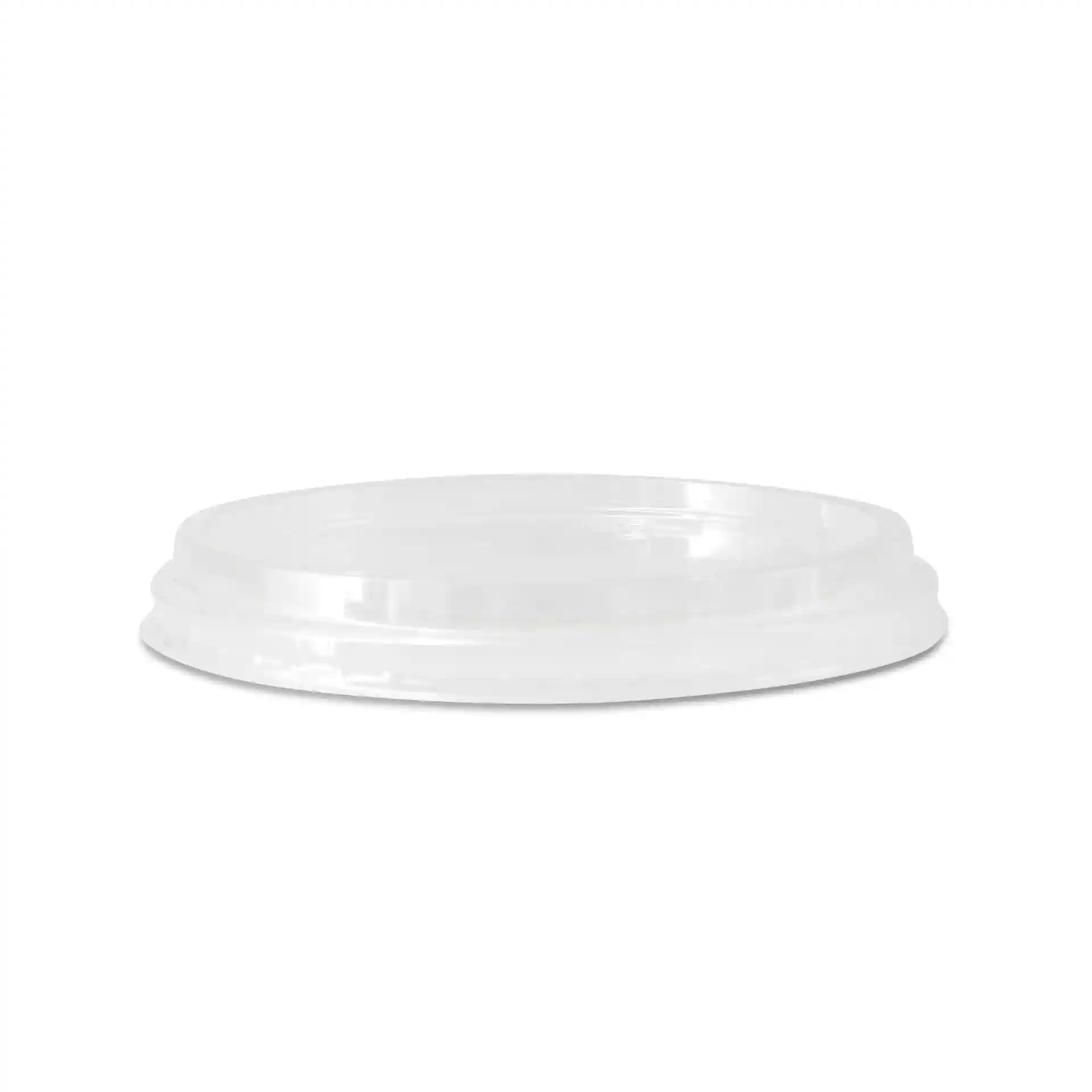 Transparent round lid for deli cups, measuring 121 mm in diameter and 16 mm in height.
