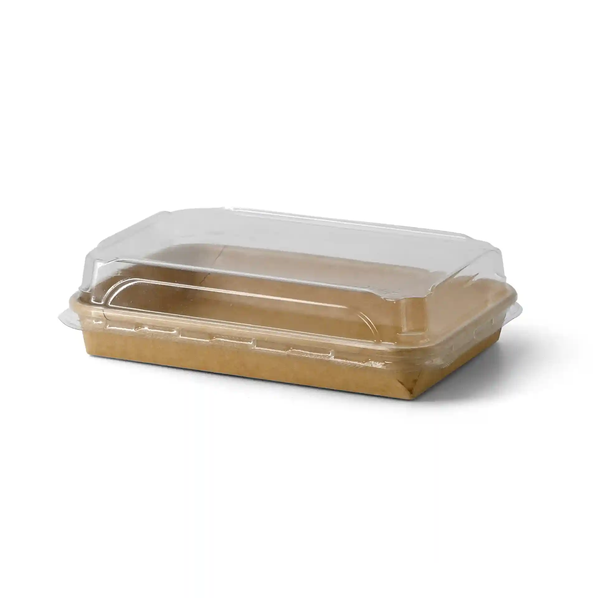 Brown sushi box with a clear plastic lid, measuring 22 x 14 x 2.5 cm, placed on a white background.