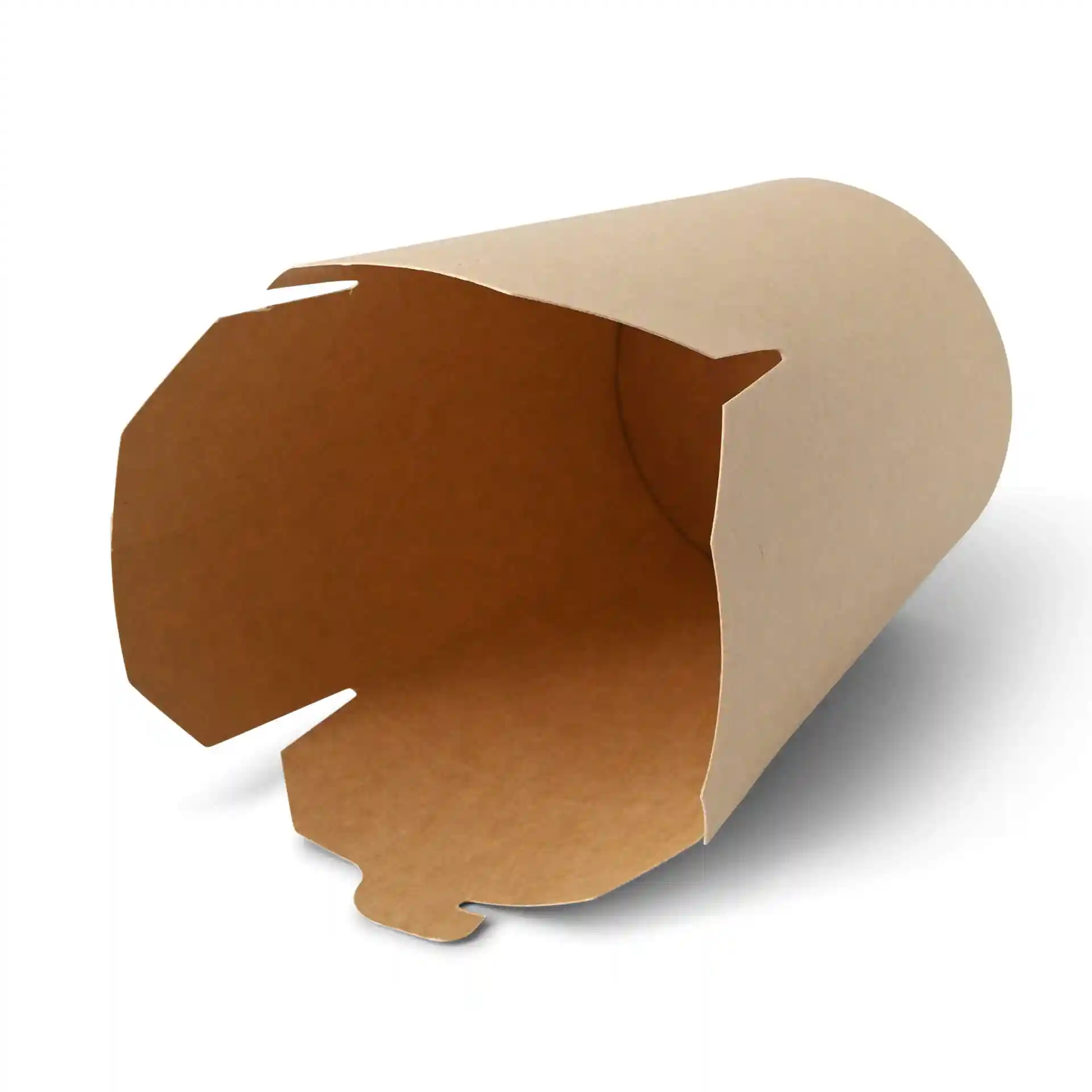 Brown cardboard noodle box with an open top, showing the interior and cut-out flaps.
