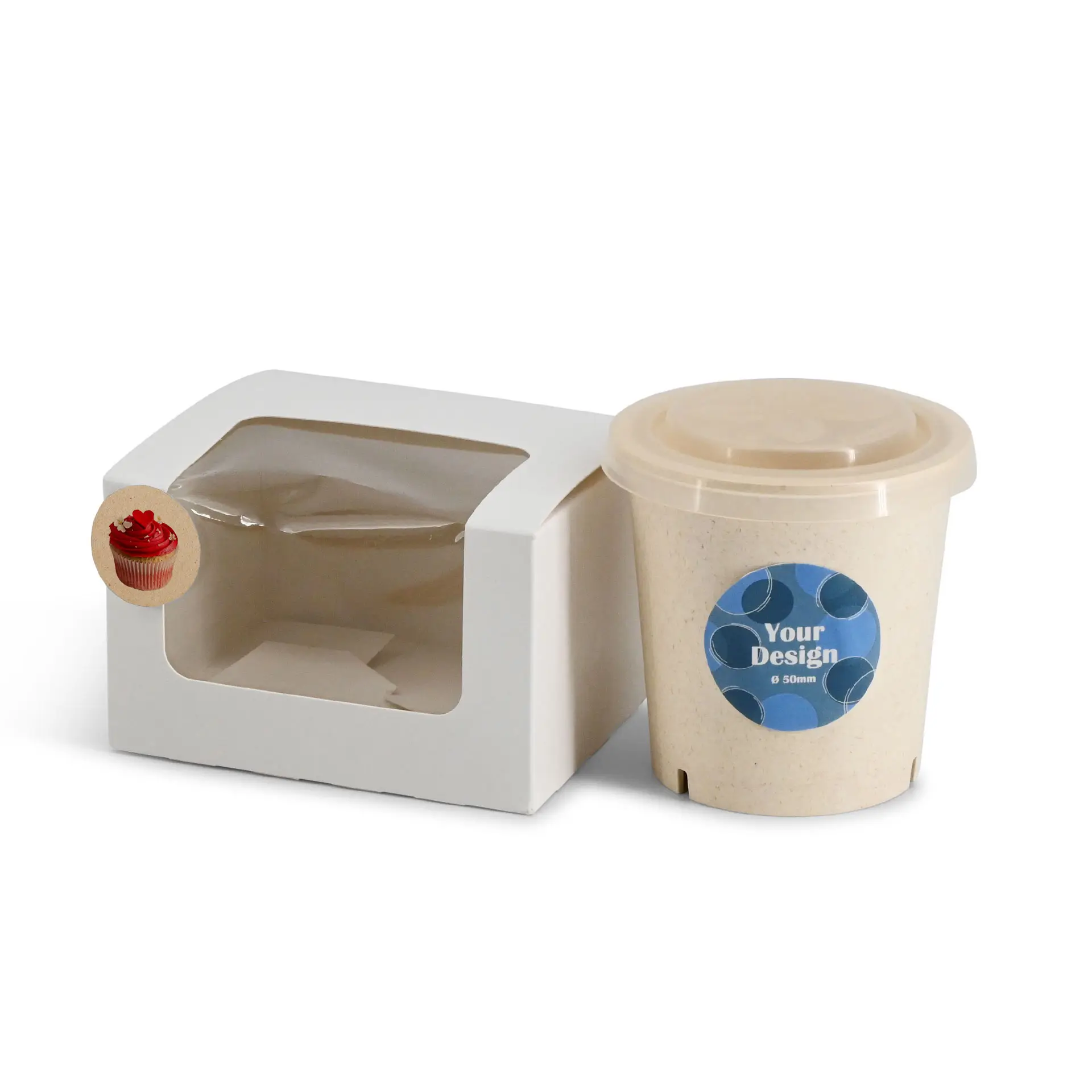 Round kraft paper container with a custom printed label, accompanied by a white box with a clear window for presentation.