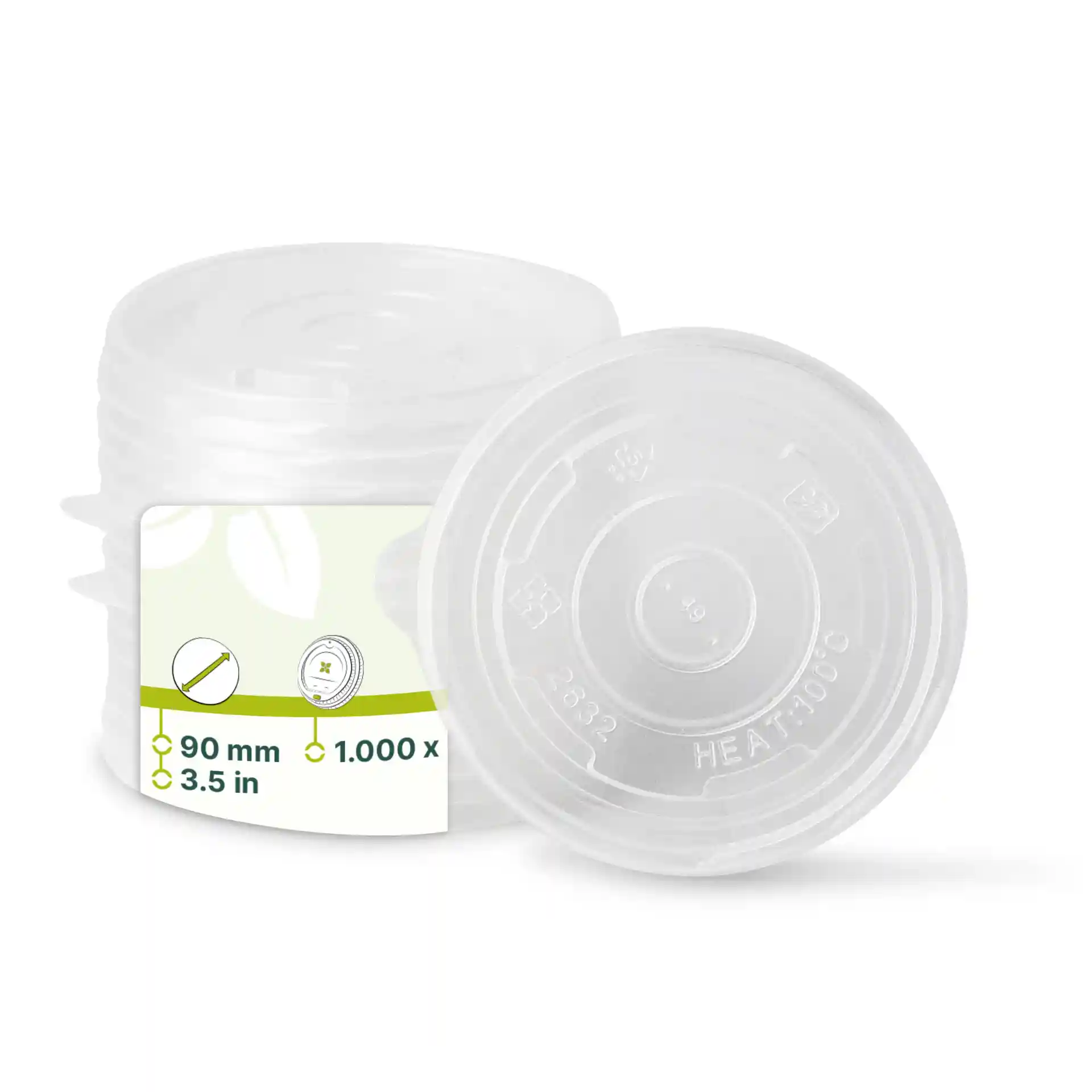 Transparent round polypropylene flat lids with a diameter of 90 mm, shown stacked with a label.