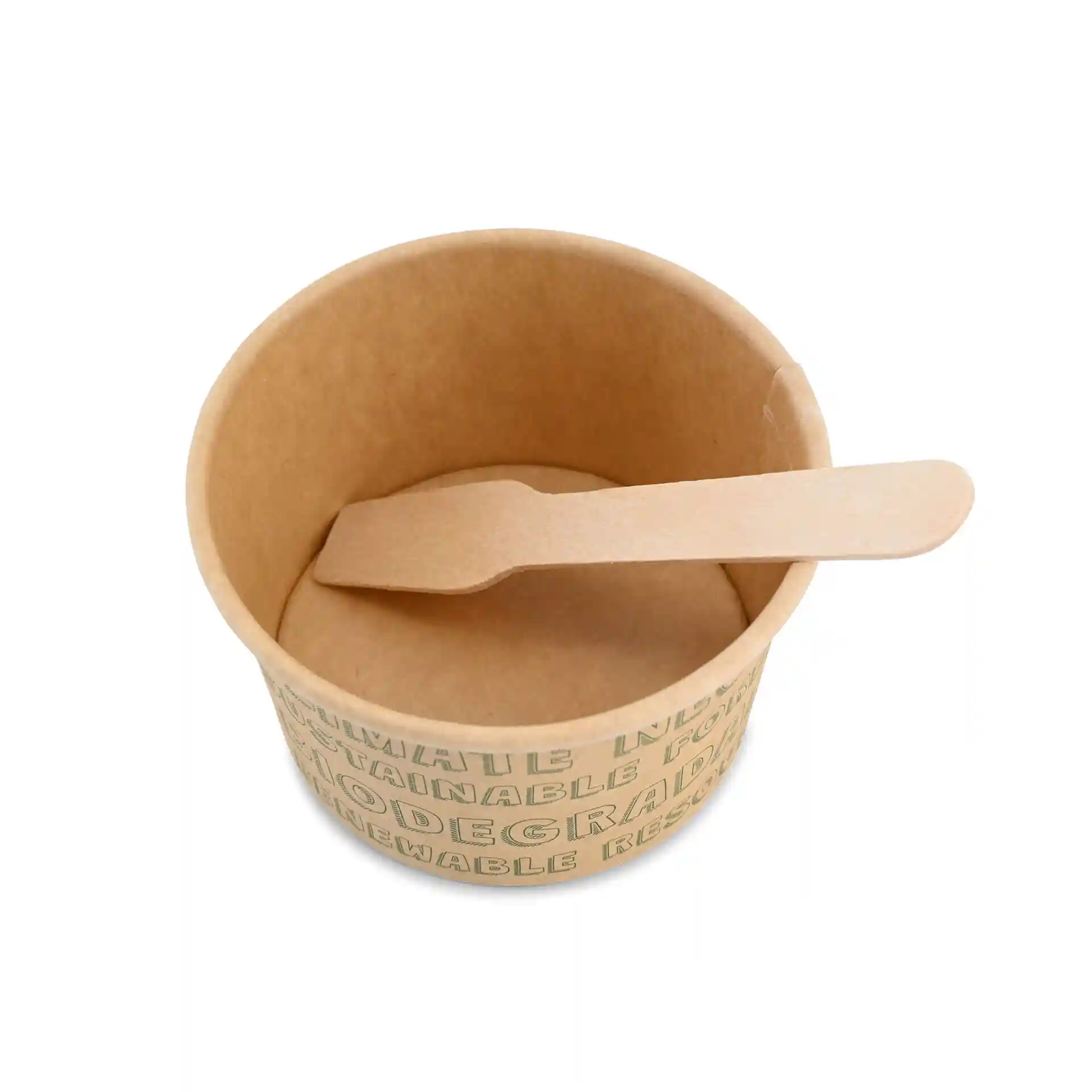 Brown paper cup with a wooden spoon inside, featuring printed text around the exterior.