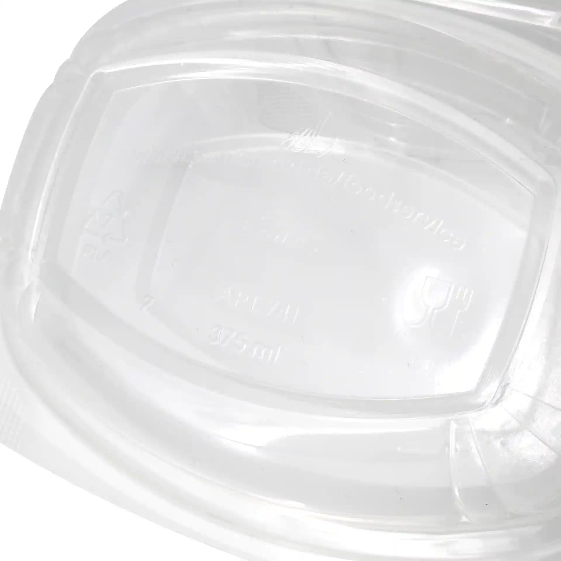 Transparent rectangular PLA deli bowl with a folding lid, 375 ml capacity, showing internal markings.