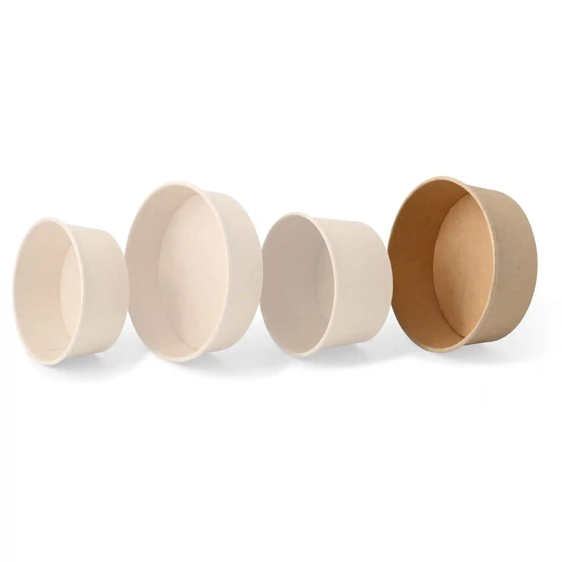 Four round paper bowls in varying sizes, made of cardboard with a brown coating.