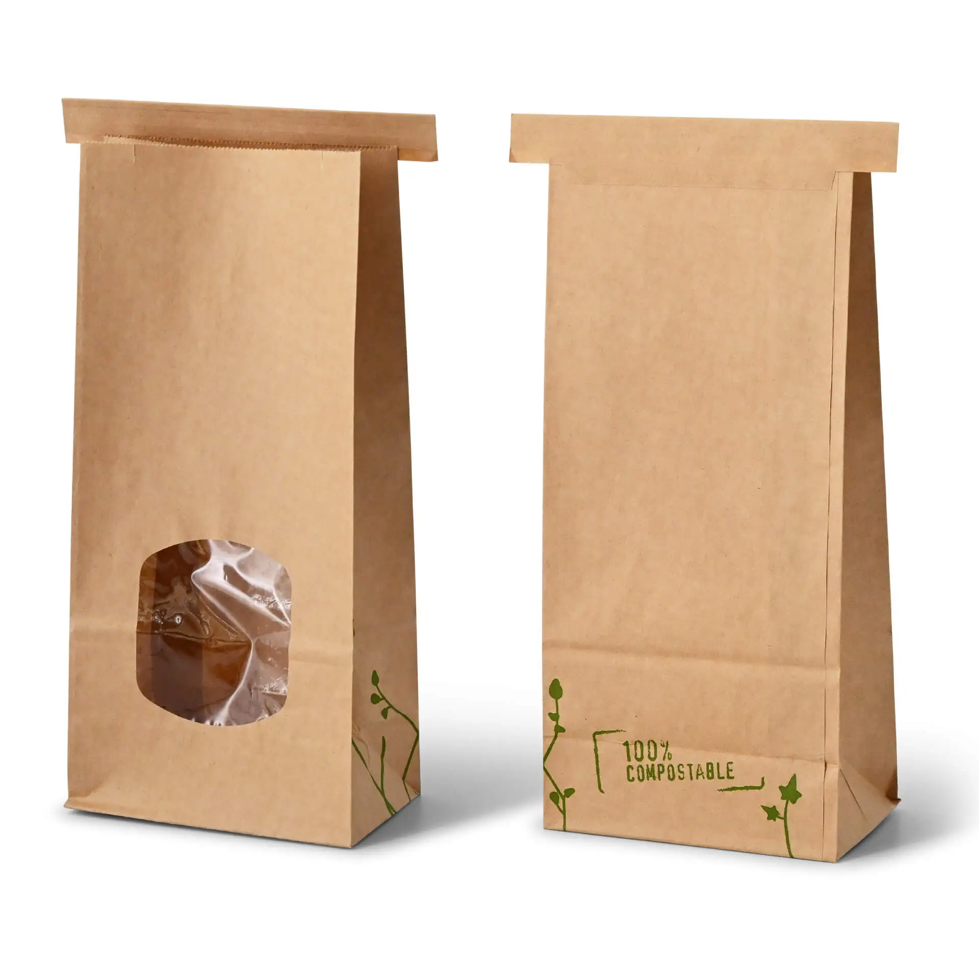Block bottom bags with window M, 11.5 x 7.2 x 24.6 cm, PLA-foil, brown, tin tie, kraft paper