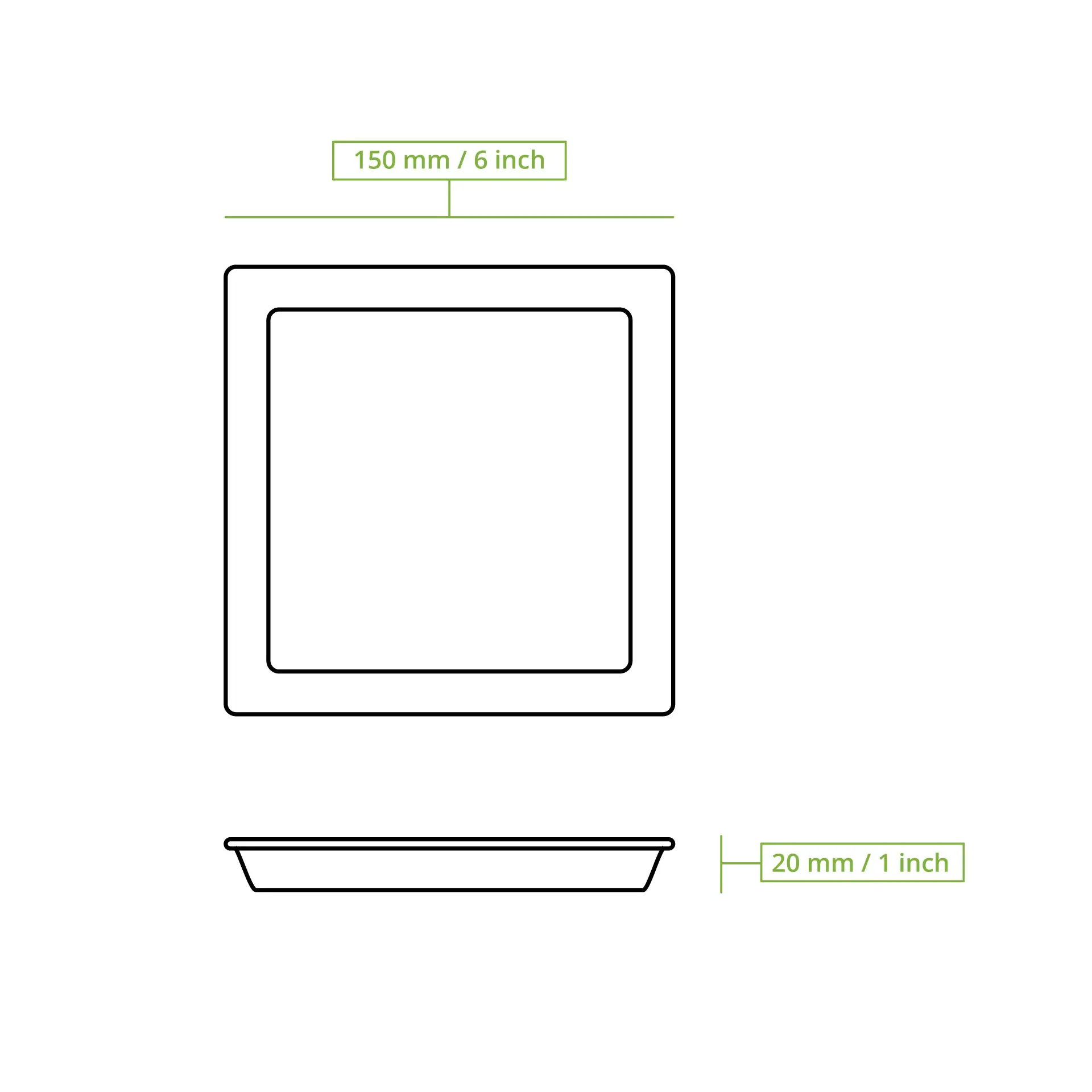 Flat square palm leaf disposable plate, 15 cm size, illustrated with dimensions of 150 mm and 20 mm.
