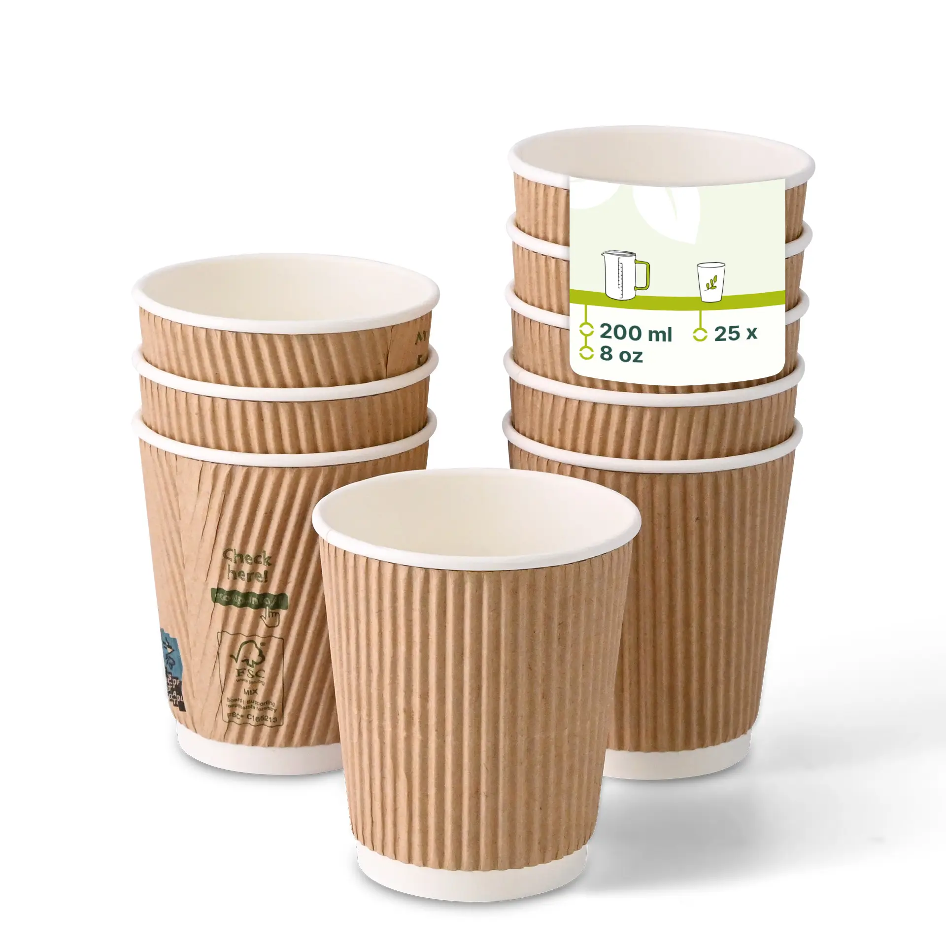 One 8 oz ribbed coffee cup in focus; several similar brown ripple cups with a white inner coating behind it.