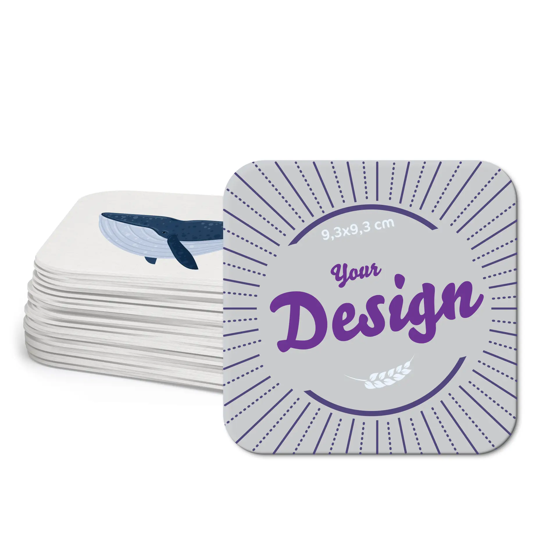 One printed square beer coaster in focus, featuring a colorful toucan logo; several similar coasters in a stack behind.