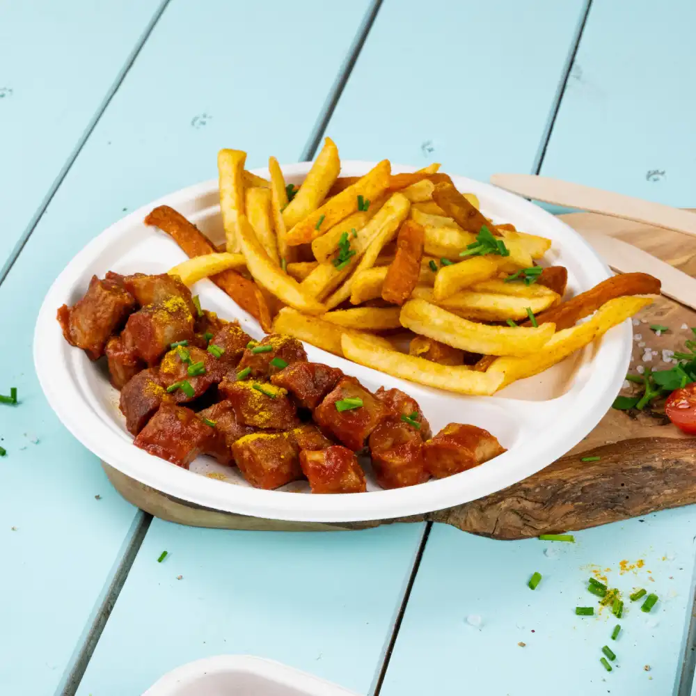 White disposable plate with sliced meat and French fries, garnished with green herbs, placed on a light blue wooden surface.