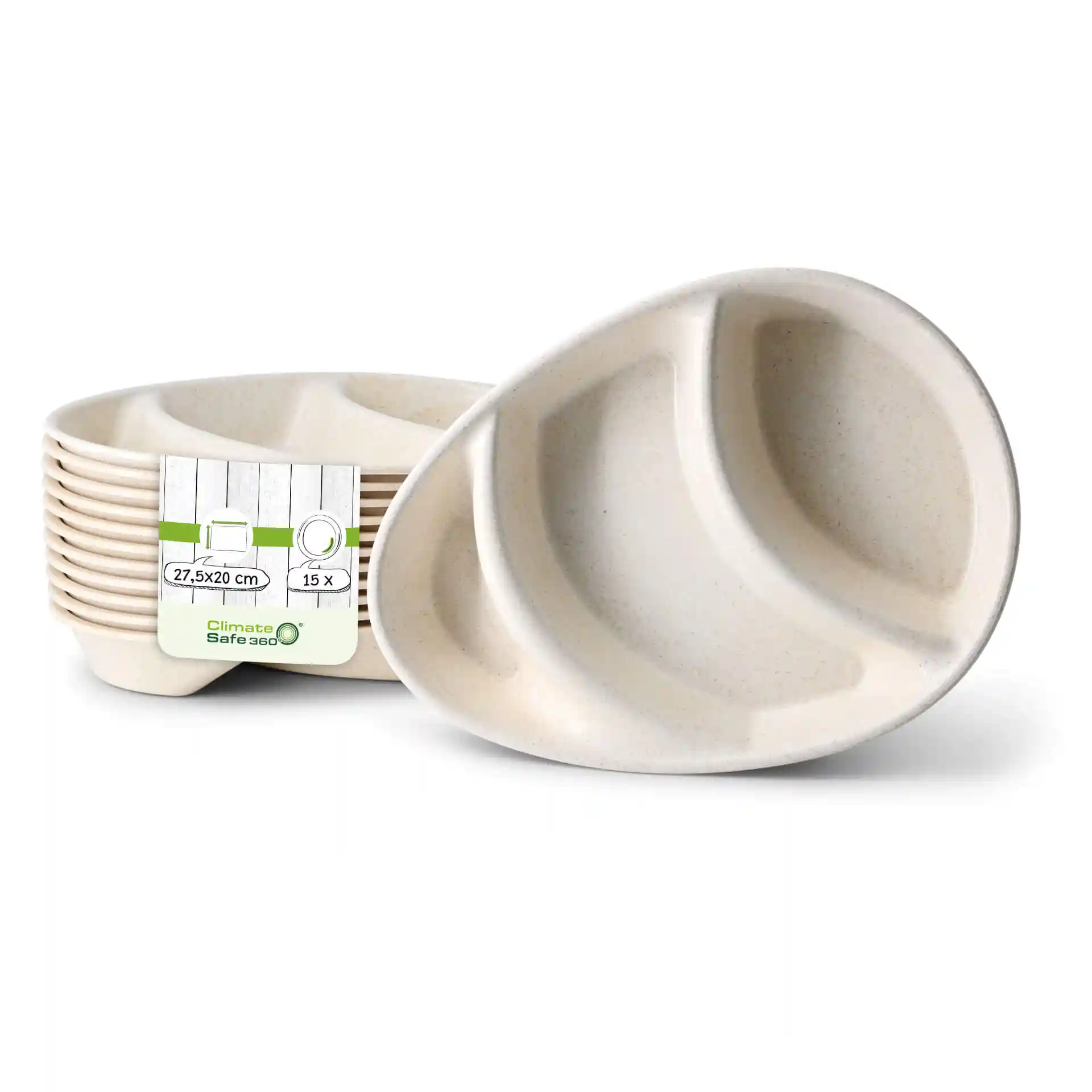Reusable menu plate with three compartments, cream white color, measuring 27.5 x 20 cm.