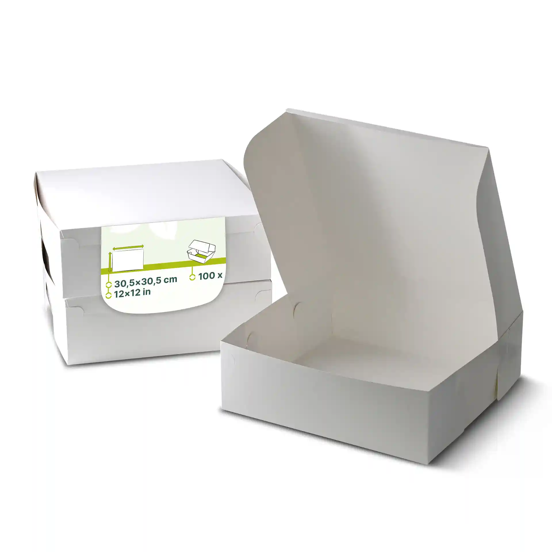 White cake box with an open lid, dimensions 30.5 x 30.5 x 10 cm, showing a label with product details.