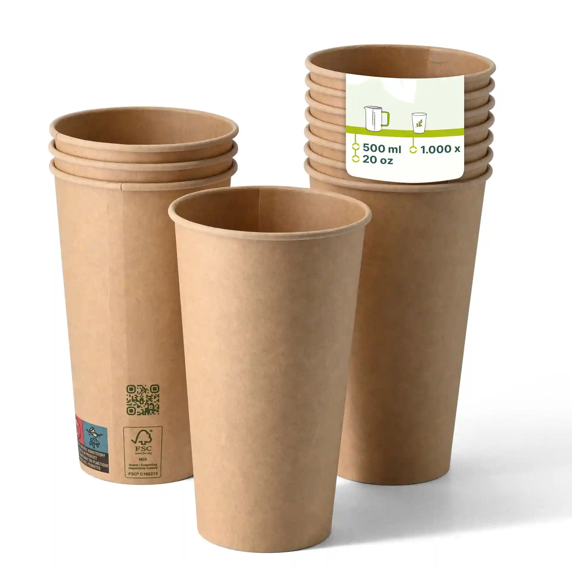 Brown paper cups with a single wall, 500 ml capacity, stacked with one cup in front and a label visible on the top cup.