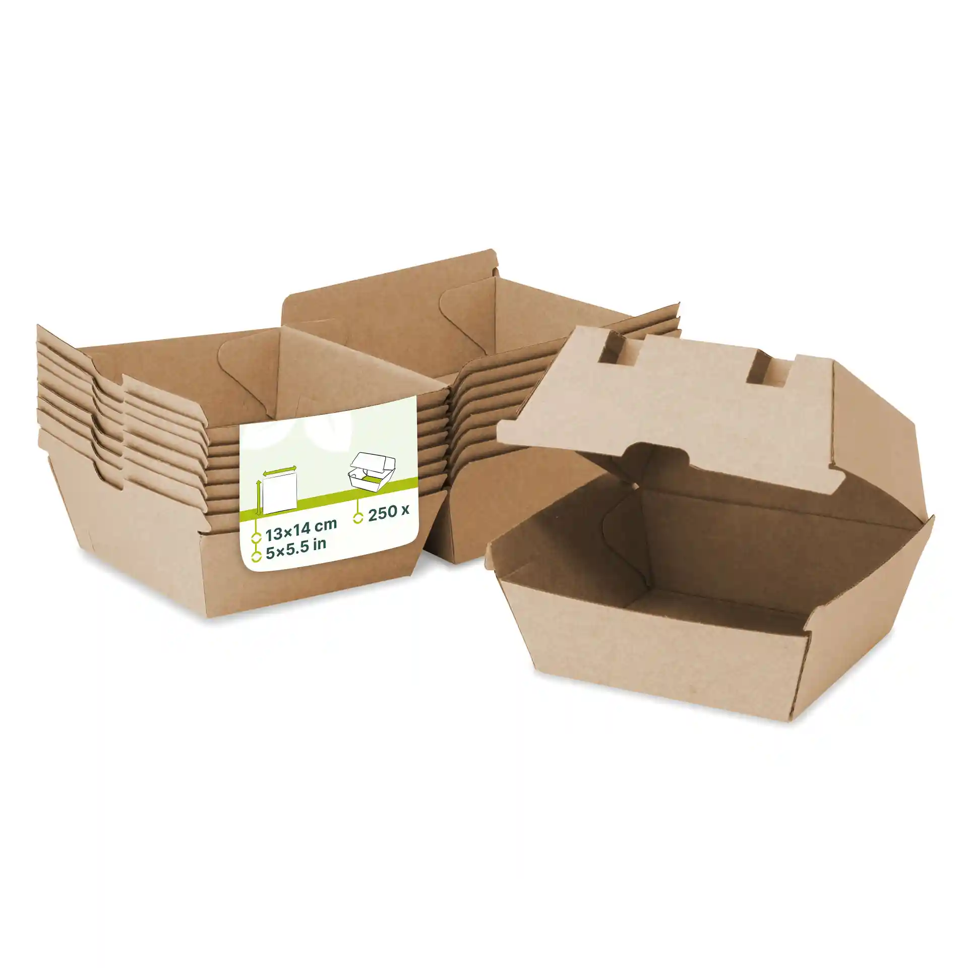 Brown kraft cardboard burger boxes stacked, showing one open box and a label with dimensions and quantity.
