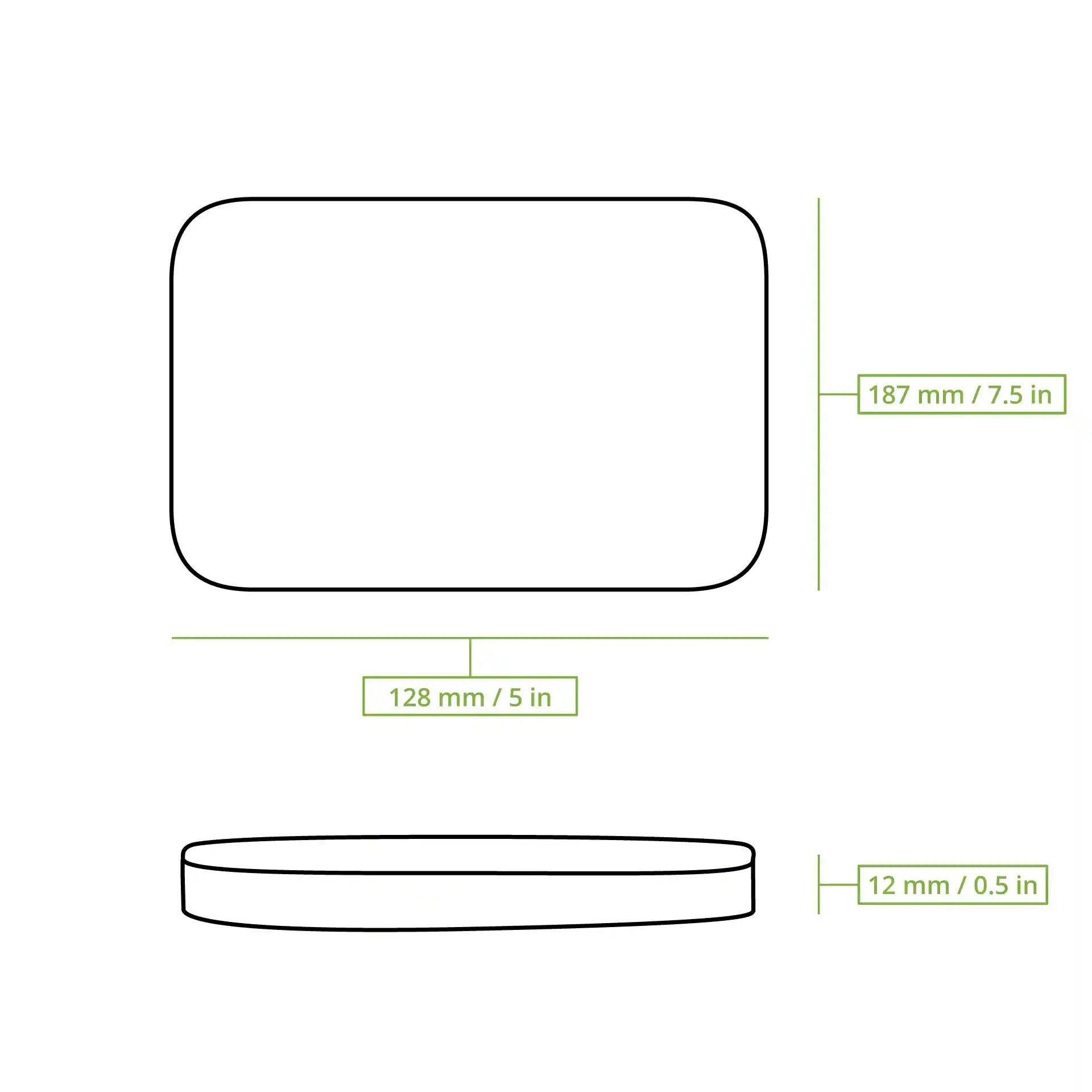 Schematic drawing of a rectangular reusable lid with dimensions 187 mm by 128 mm and height of 12 mm.