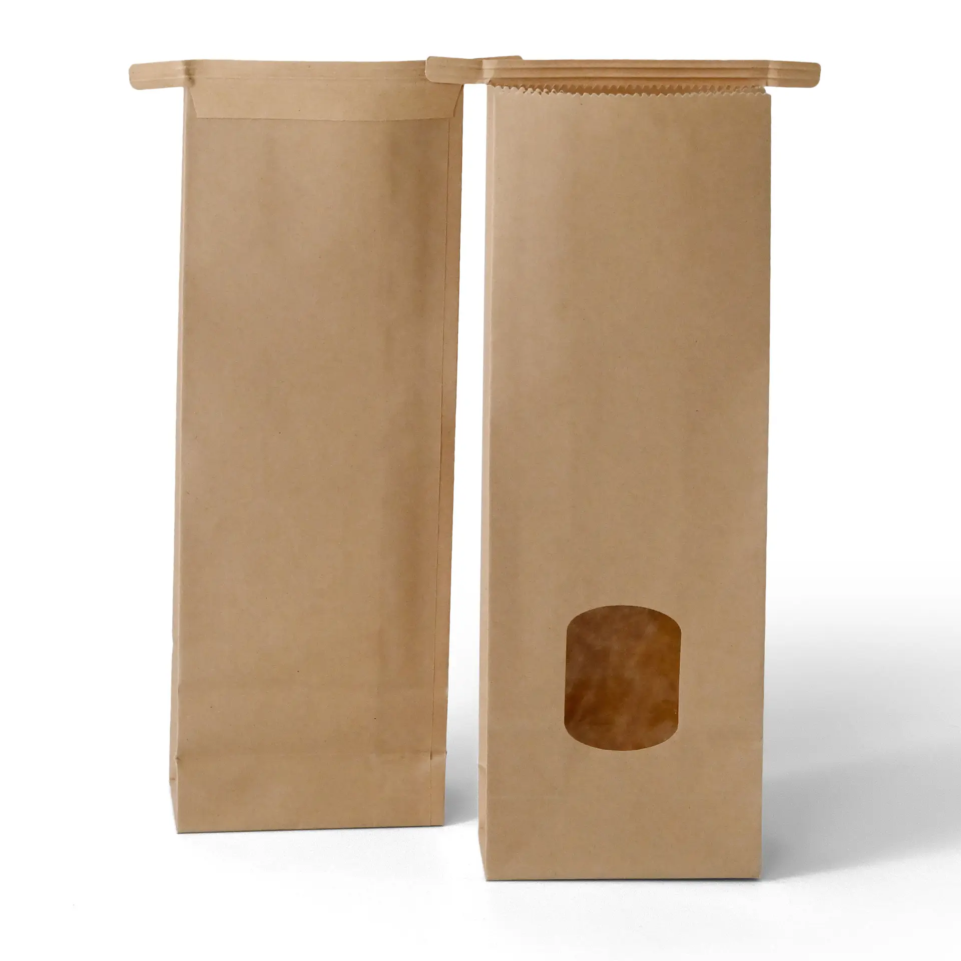 Brown kraft paper block bottom bags with a window, featuring a tin tie closure, measuring 8.5 x 5 x 24 cm.